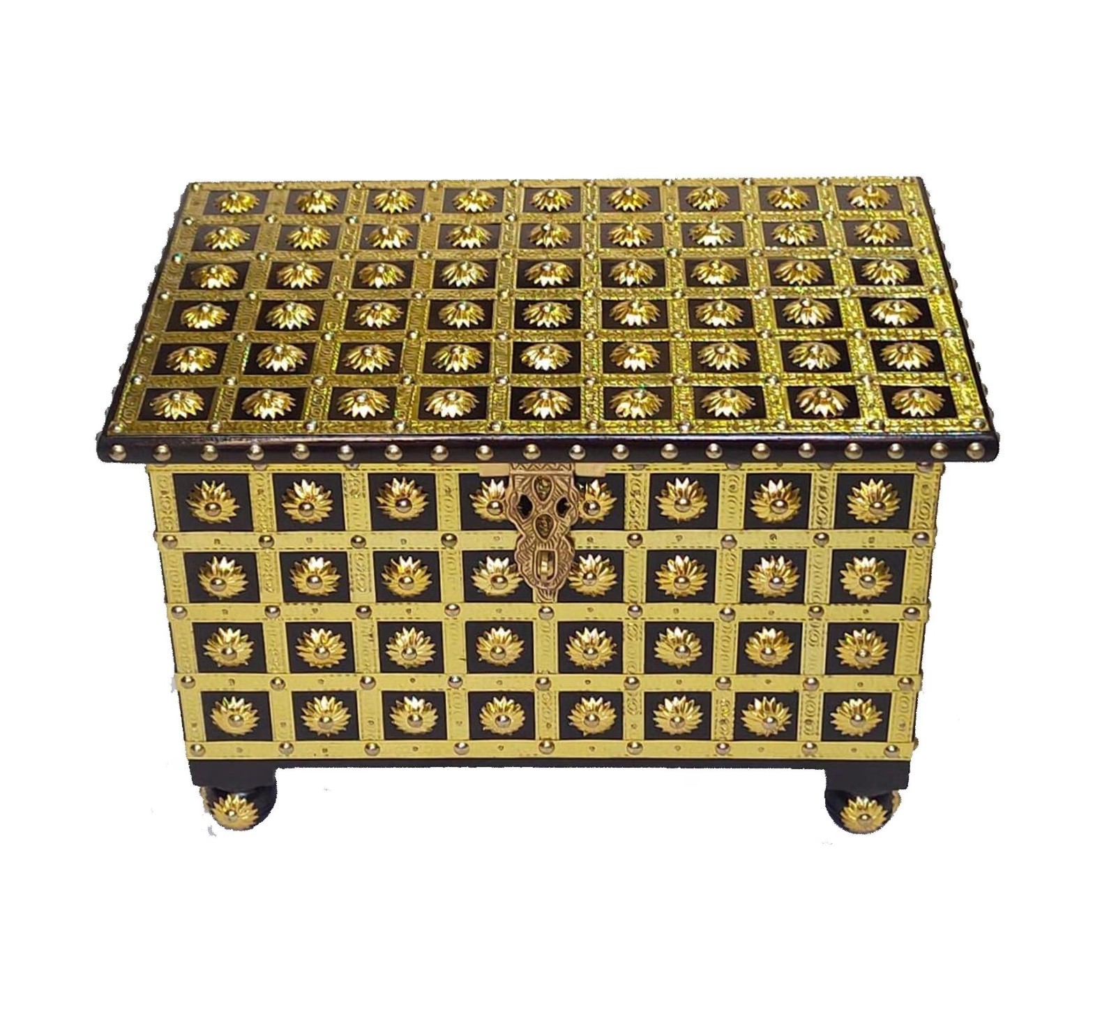 Handmade Carved Wooden Storage Trunk, Brass Decor (18x12 inches)