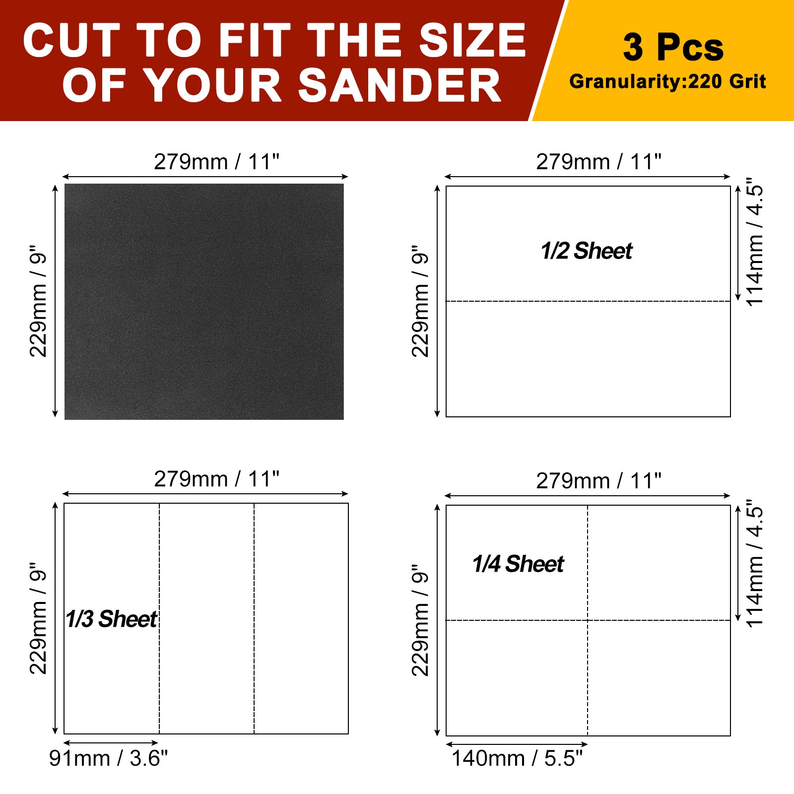 Sandpapers (9" x 11"/229mm x 279mm) 3 Sheet, 220 Grit Sand Paper for Polishing