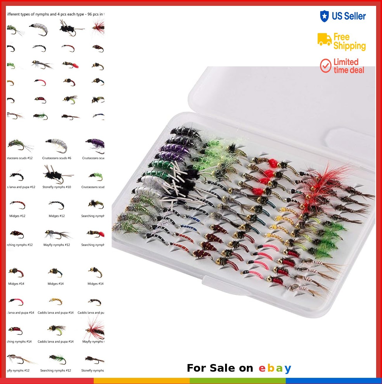Fly Fishing Flies Kit 96 Piece Nymph Assortment with Fly Box Trout