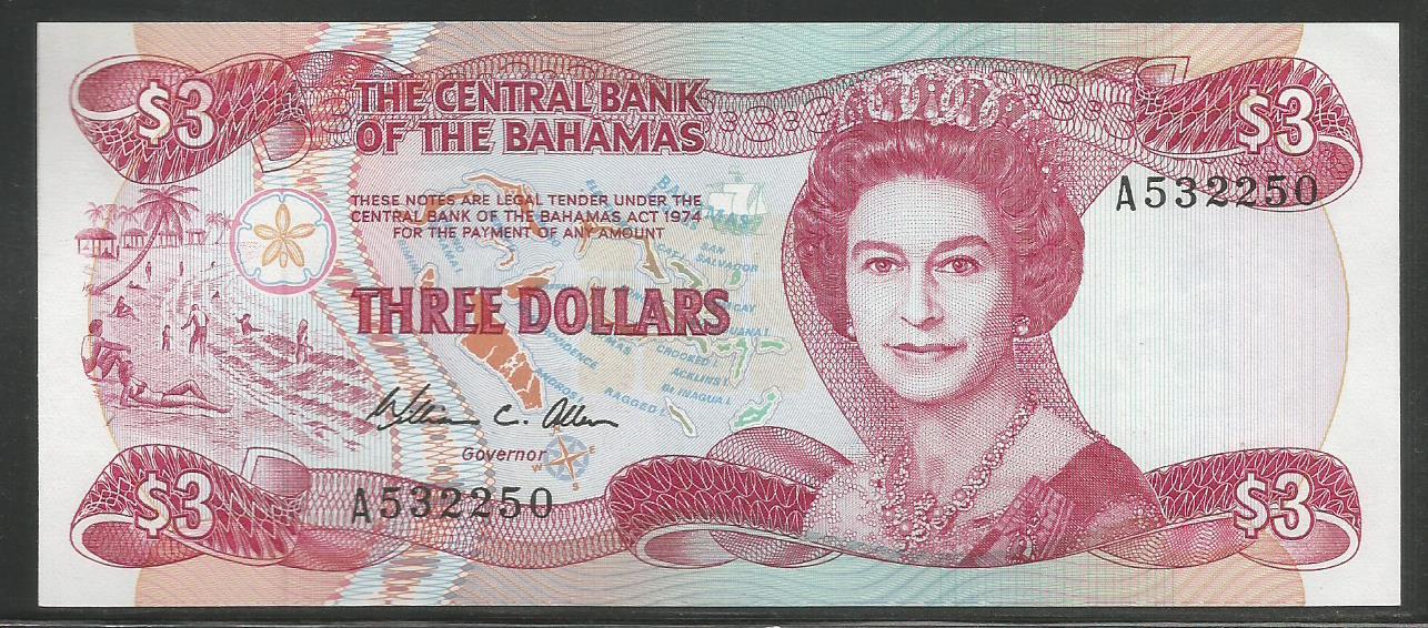 Bahamas P-44a 3 Dollars L.1974 (1984) Unc