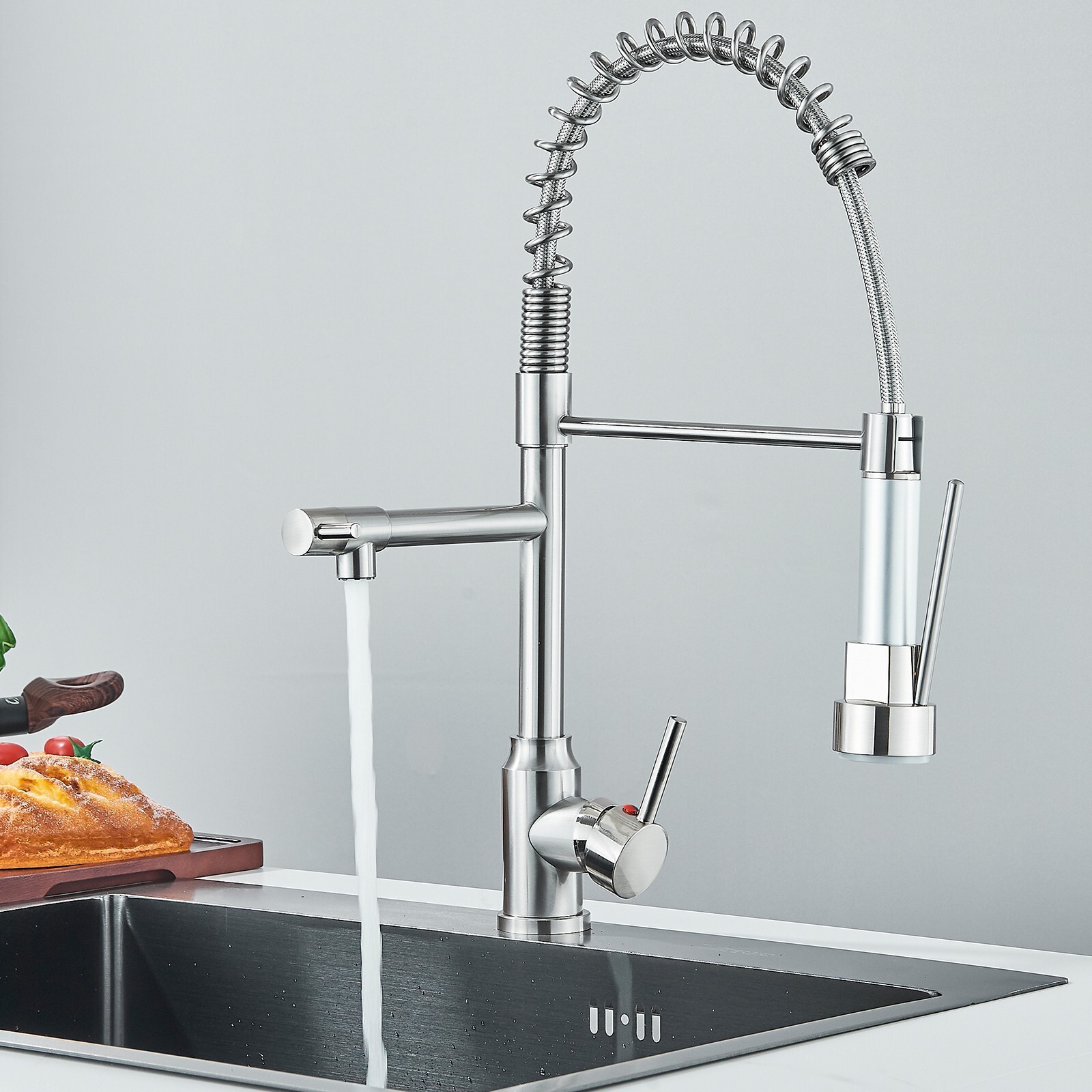Brushed Nickel Kitchen Faucet with Sprayer Single Handle Pull Down Sink Mixer