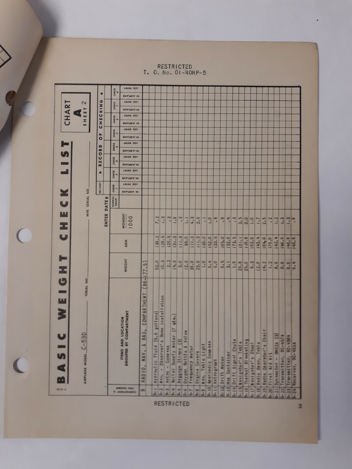 Douglas Model C-53D Airplane Basic Weight Checklist & Loading Data Original