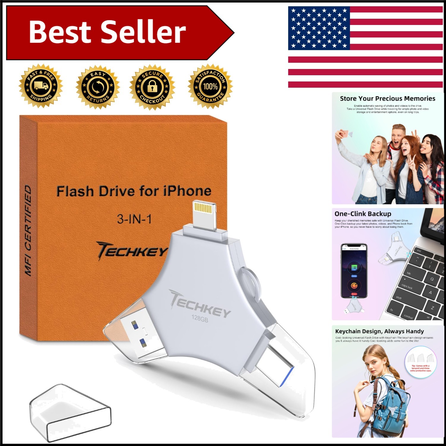 High-Speed 3-in-1 USB Flash Drive 128GB: Perfect Storage for iPhone & Android
