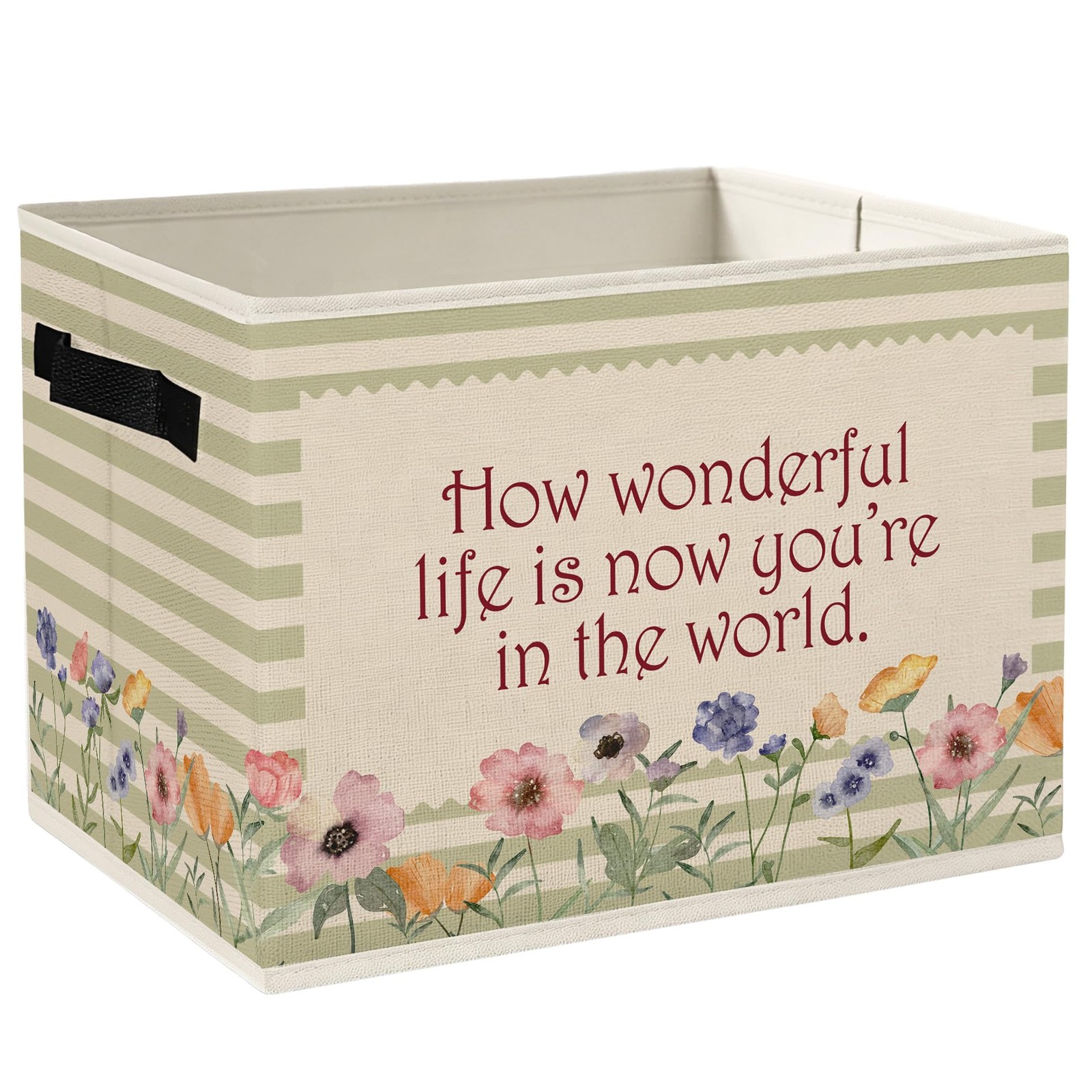 Inspirational Wildflower Nursery Storage Bins Box with Handles, Neutral Strip...