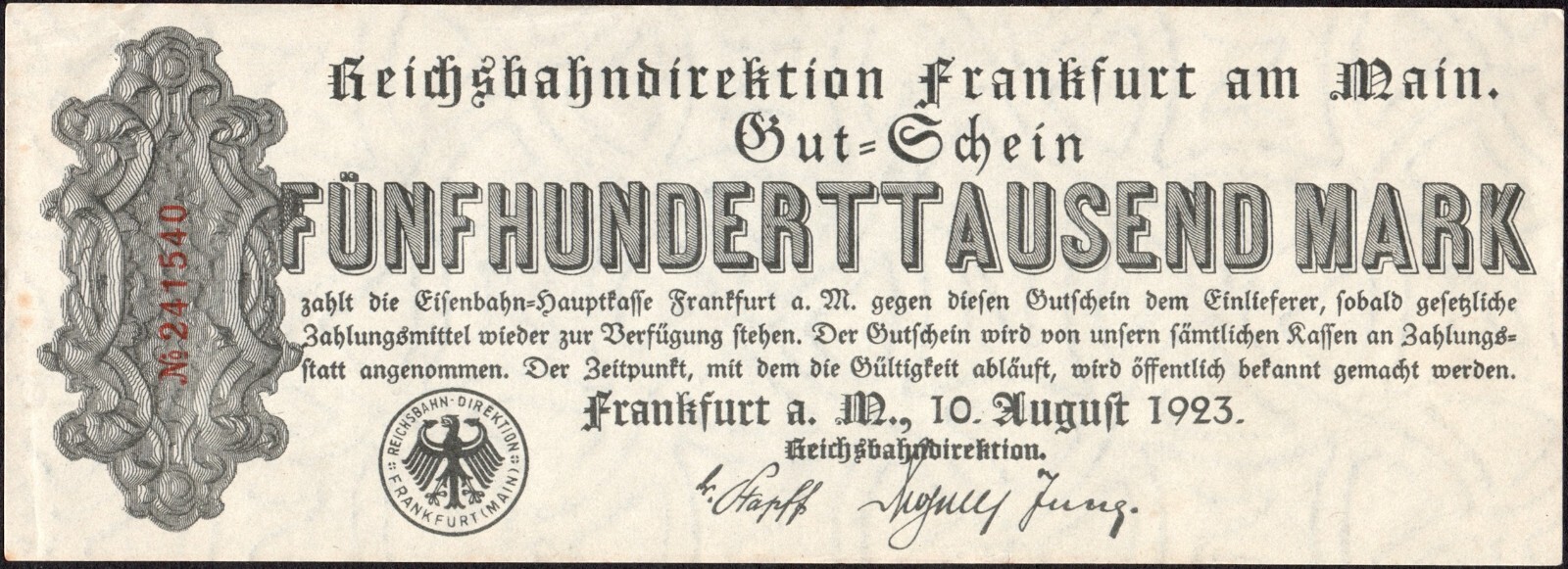 500000 Mark 1923 - Frankfurt Reichsbahn (Railroad) -Series: 241540 -XF- #B26
