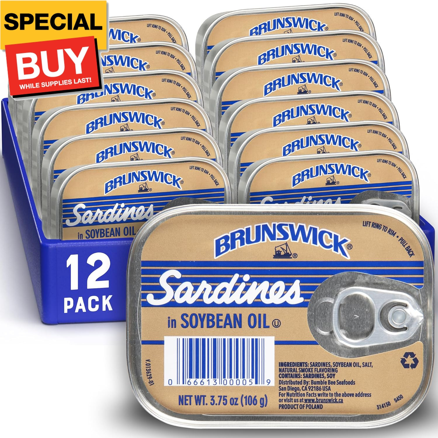 Wild Caught Sardines in Soybean Oil, 3.75 oz Can (Pack of 12) - 14g Protein per