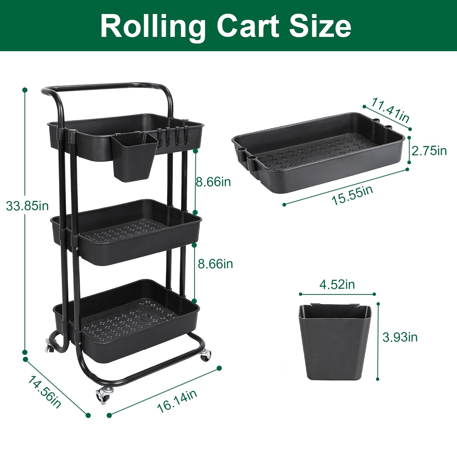 3 Tier Rolling Utility Cart Movable Storage Organizer w/ Baskets Lockable Wheels