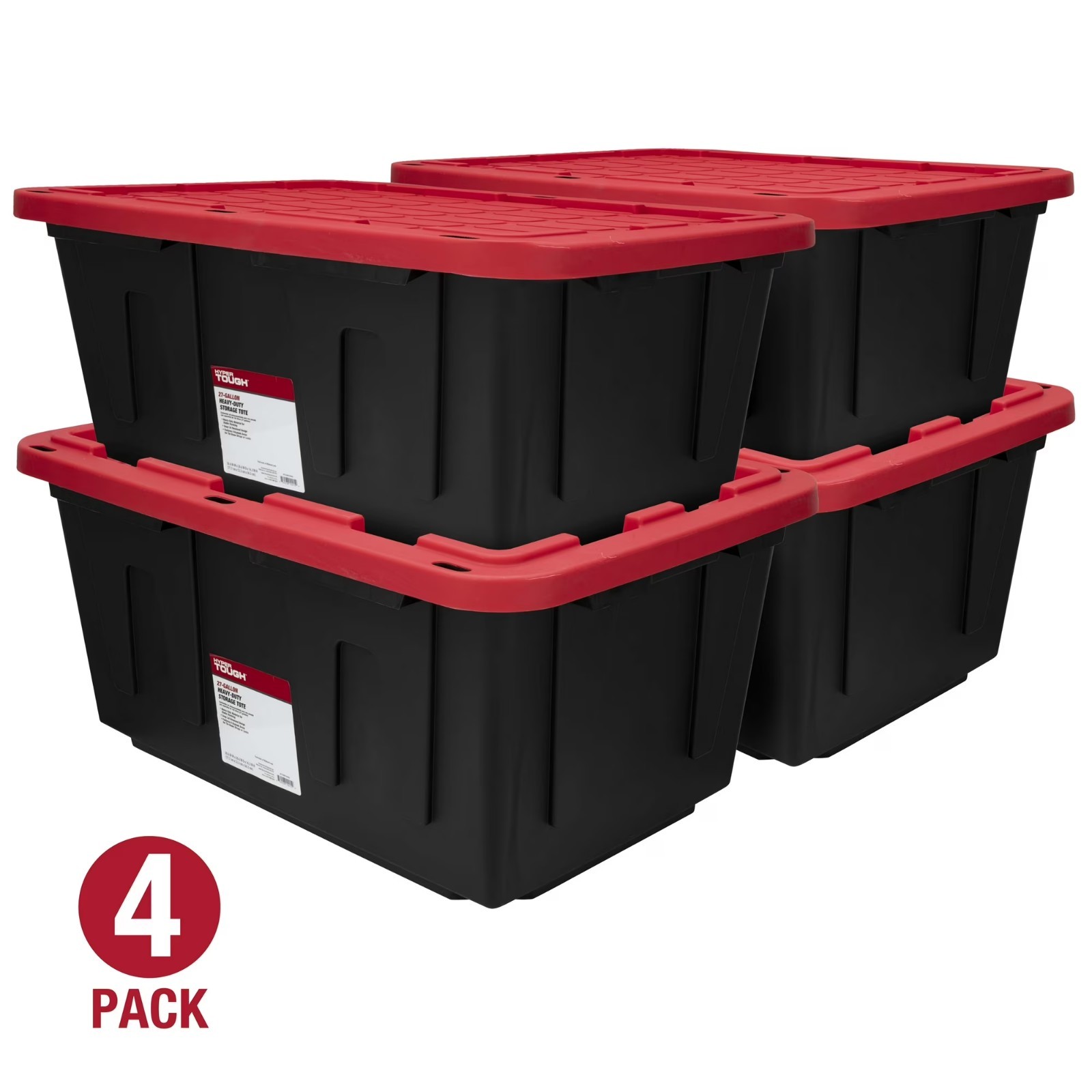 (Pack of 4) Hyper Tough 27 Gallon Large Storage Bin with Snap Lid, Black and Red