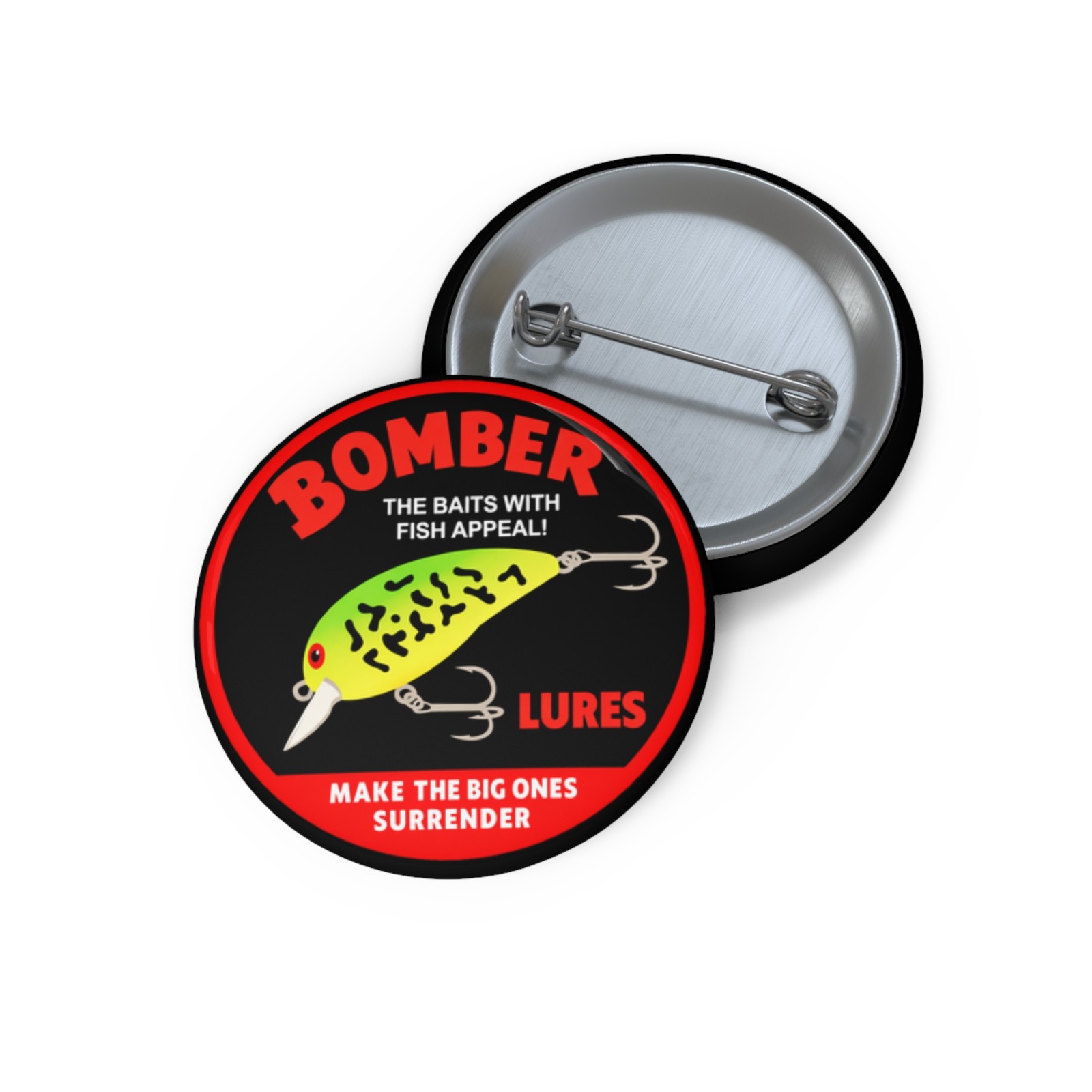Bomber Lures Vintage Style Fishing Pinback Button Retro Bass Tackle Pin Badge