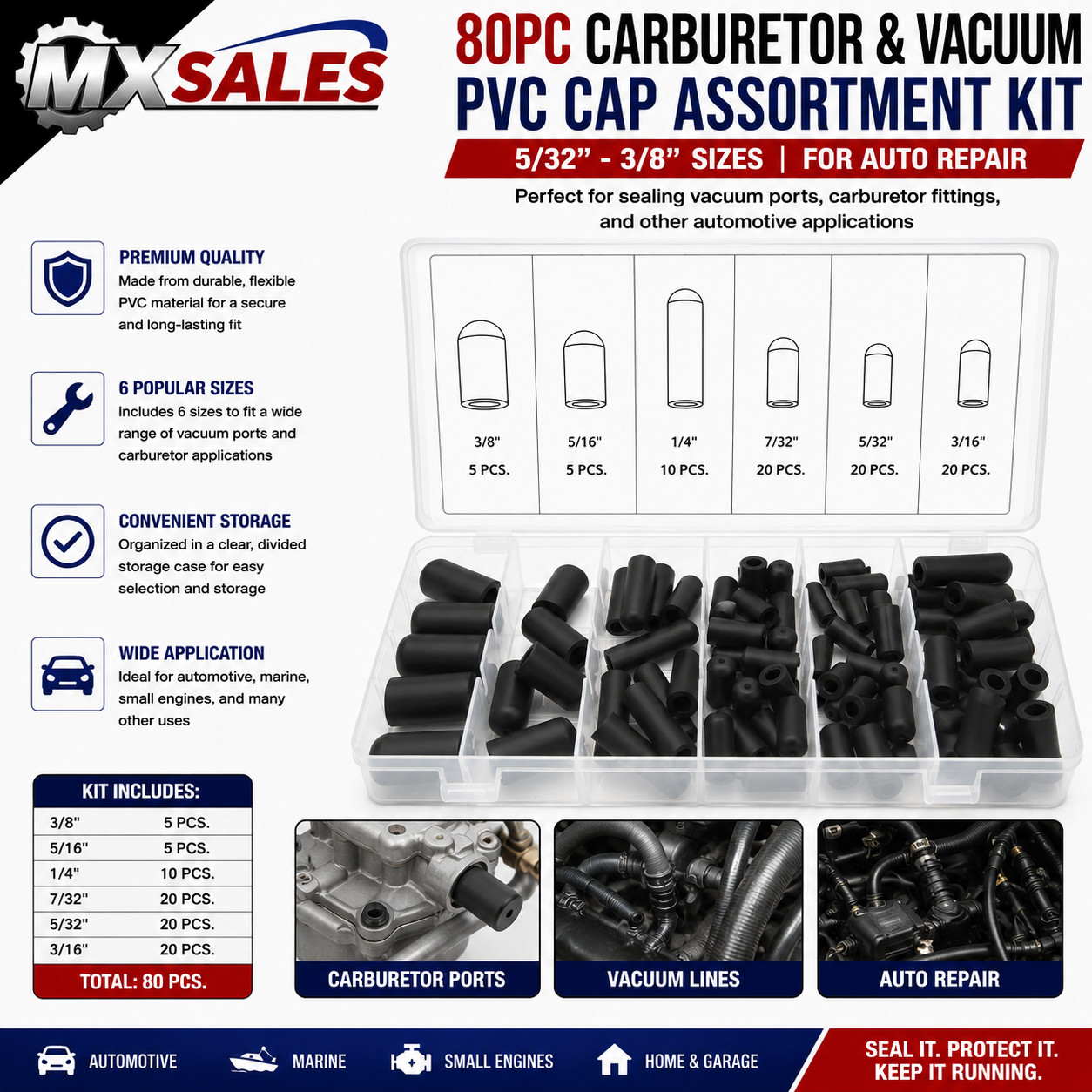 80pc Carburetor and Vacuum PVC Cap Assortment Kit 5/32" - 3/8" for Auto Repair