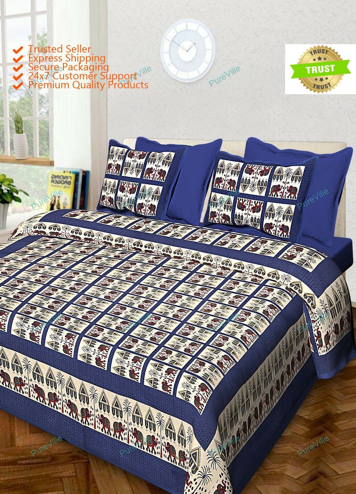 Elephant Printed Home Decor Cotton Double Bed Sheet 2 Pillow Cover 90x108 KING
