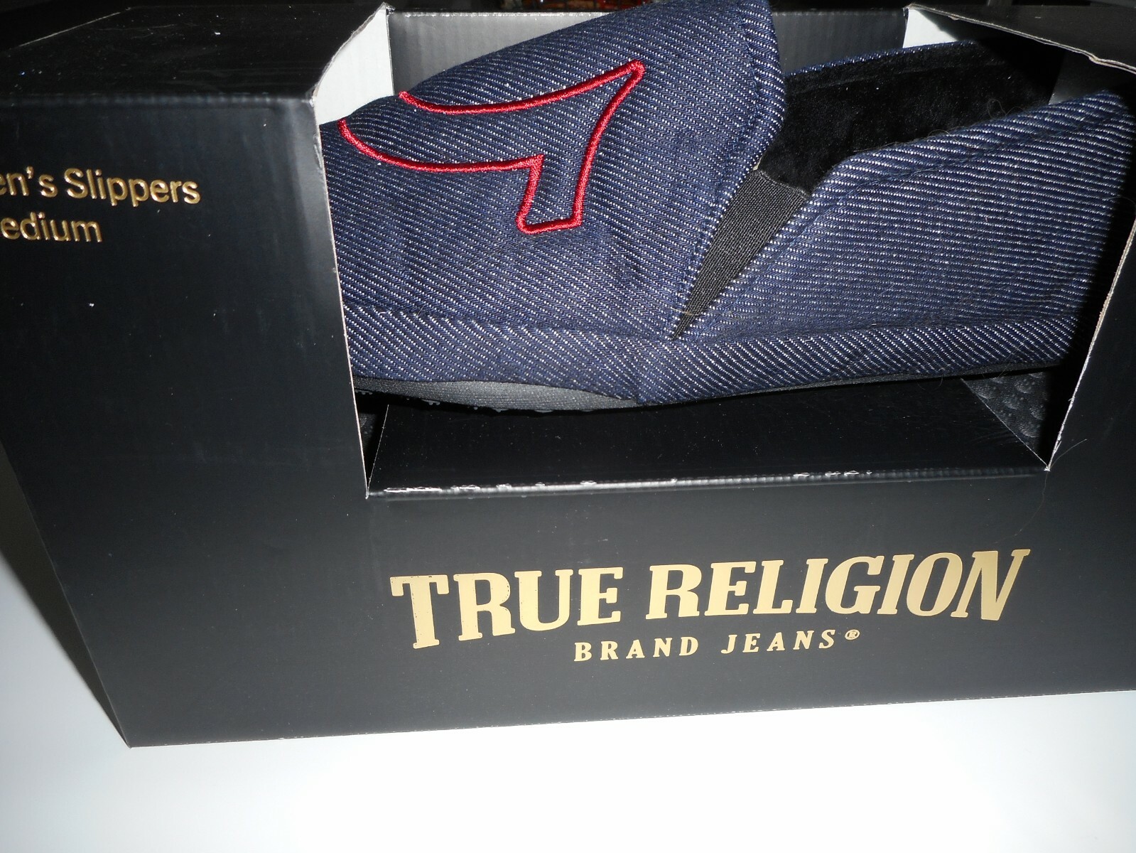 TRUE RELIGION Dk Indigo Denim Horseshoe MOC SLIPPERS MENS Medium Size 9 - 10 NEW