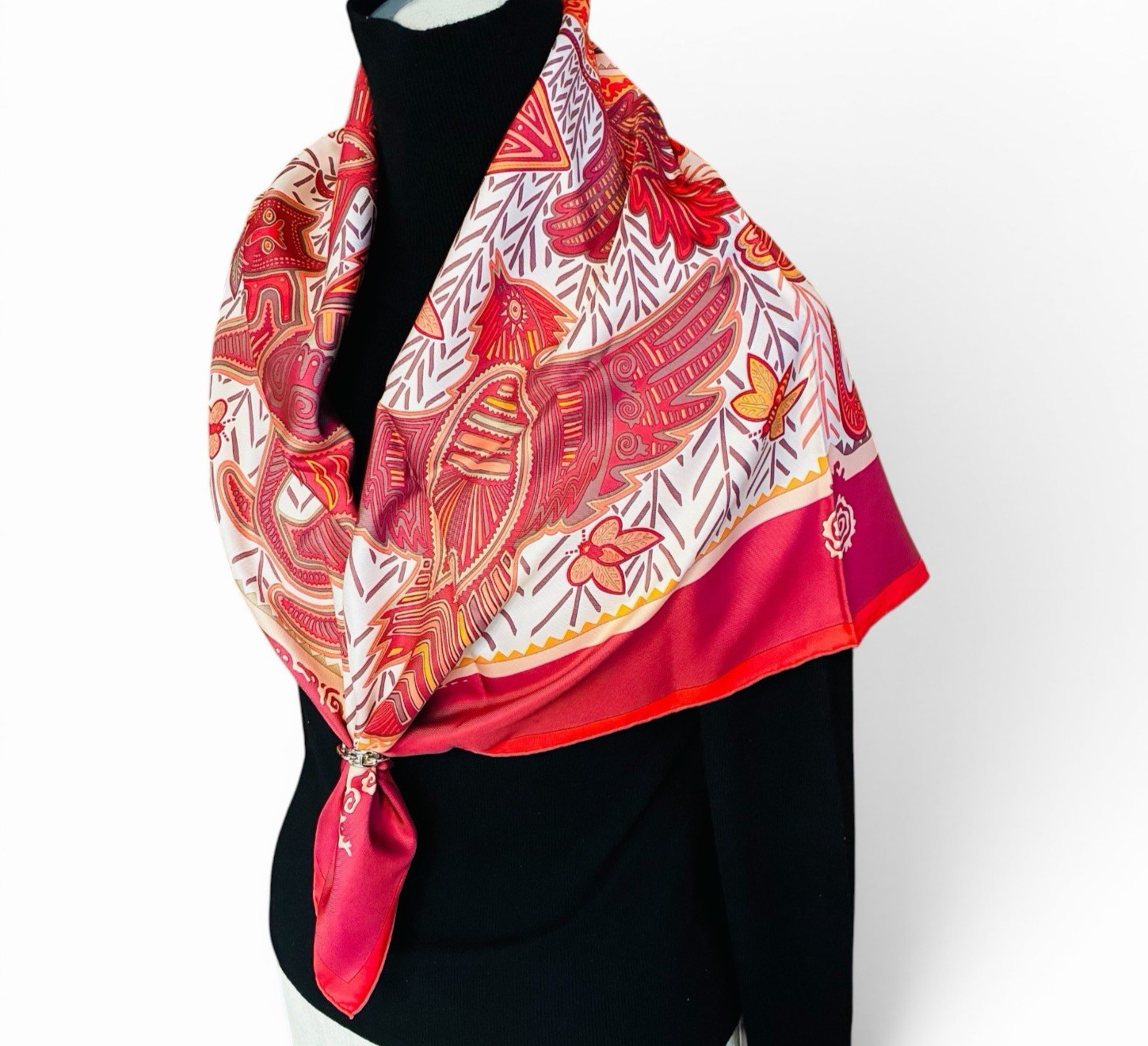 HERMES Women Silk Scarf Pink Multicolor Legende Kuna Peuple De Panama Carre 90