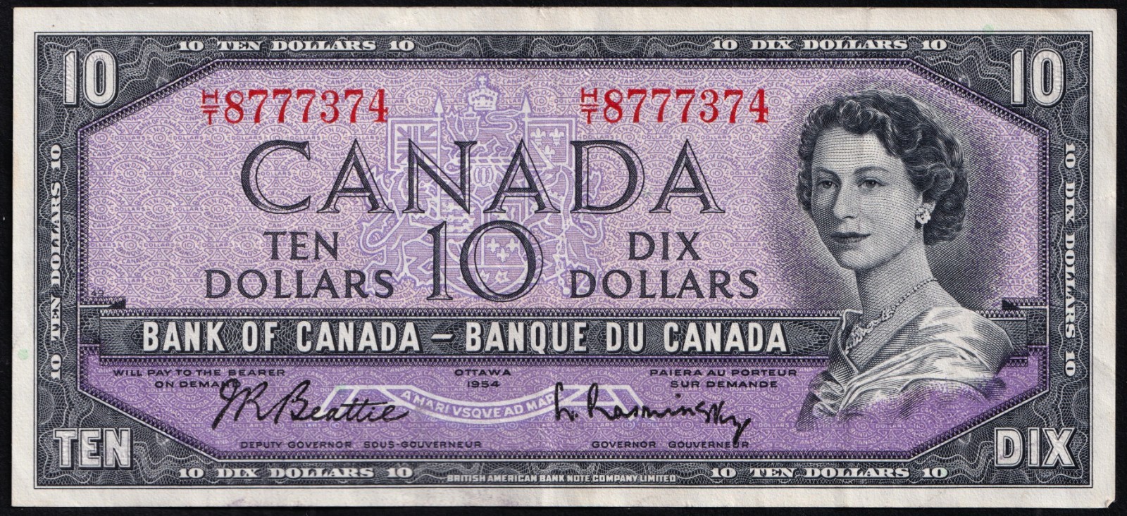 Canada 1954 $10 Ten Dollar Banknote Beattie - Rasminsky H/T 8777374