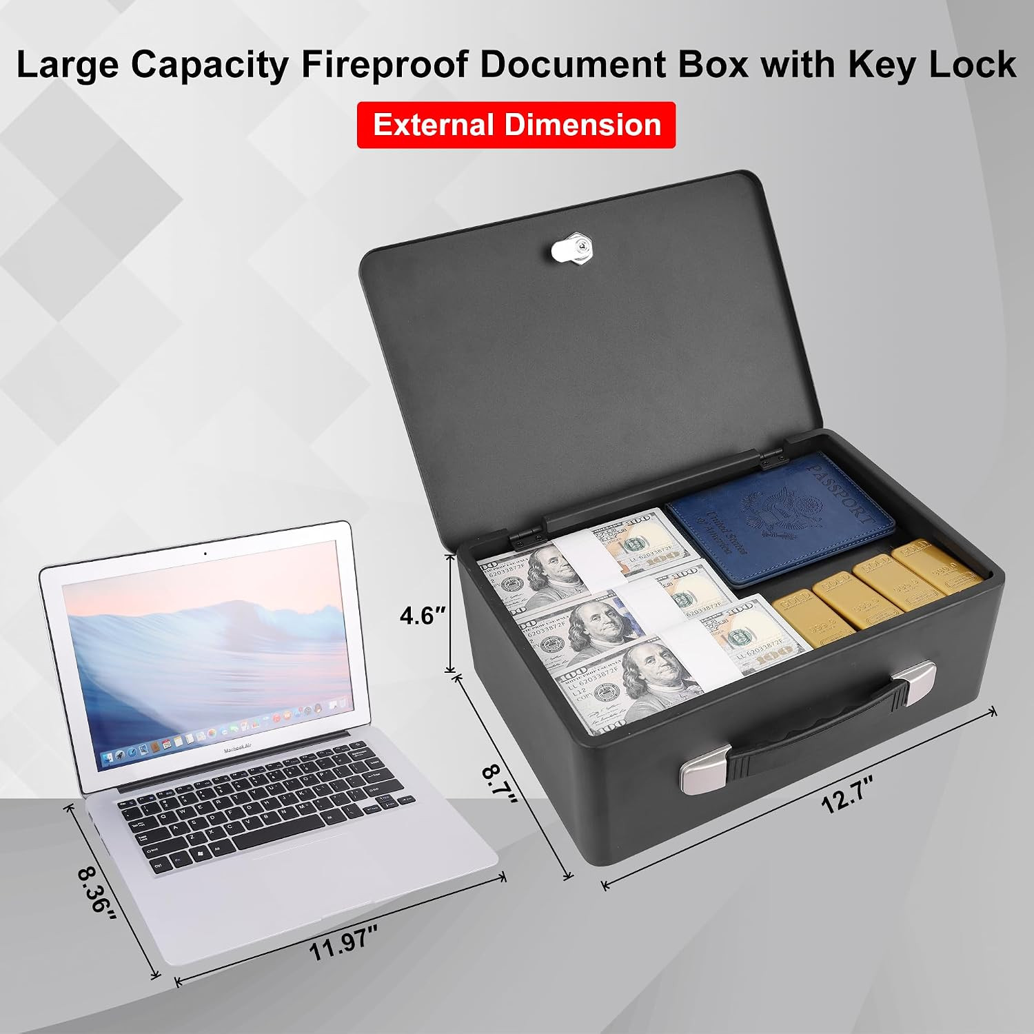 Fireproof Document Box with Key Lock, Portable Metal Safe Box with Carrying H...