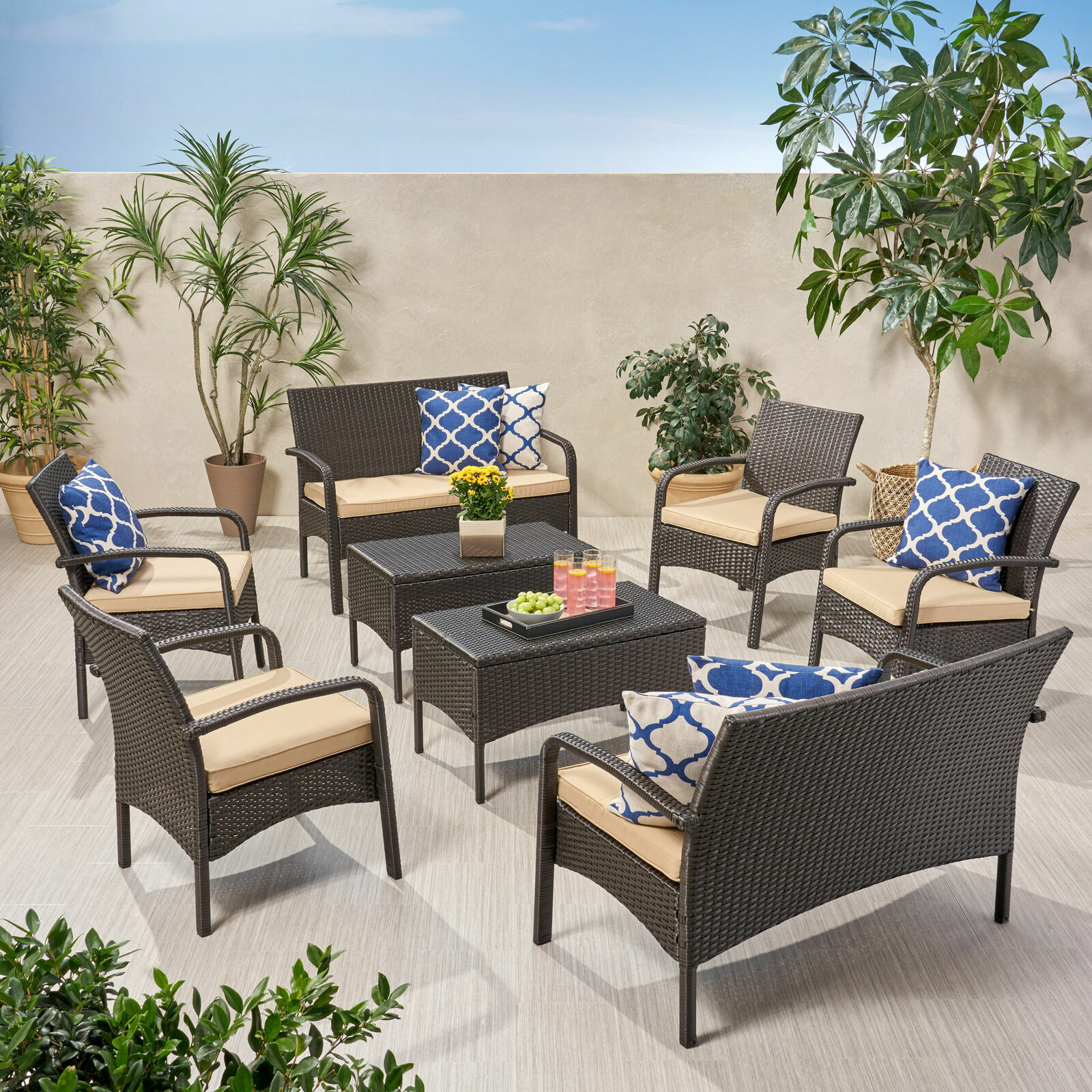 Carmela Outdoor 8 Seater Wicker Chat Set with Cushions