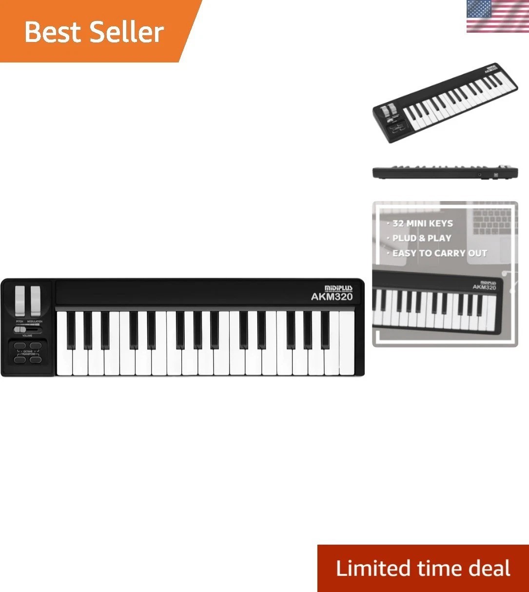 Lightweight 32-Key Midi Controller with Touch-Sensitive Keys & Octave Buttons