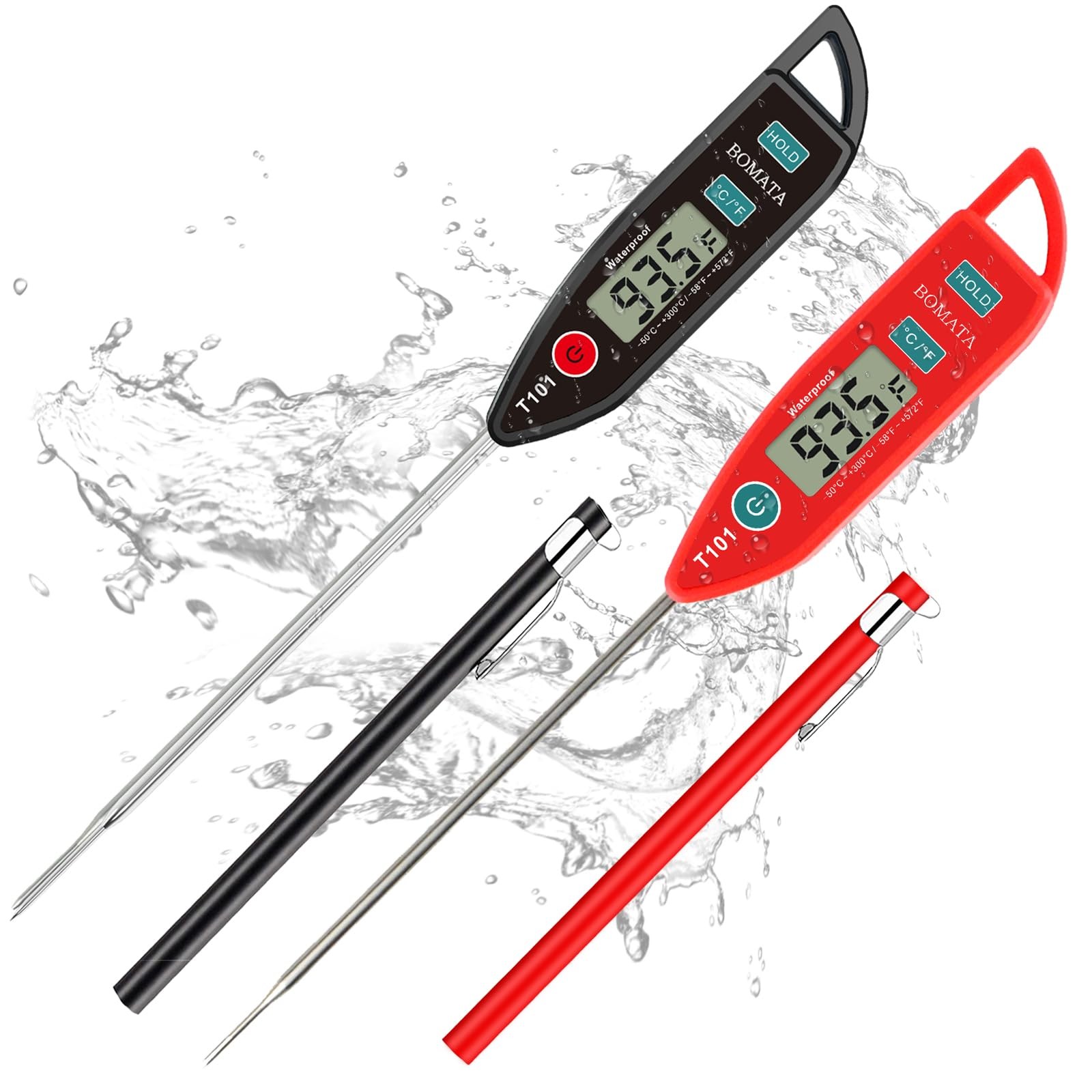 BOMATA 2 Pack Waterproof IPX7 Meat Thermometer, Food 9 inches, Black & Red