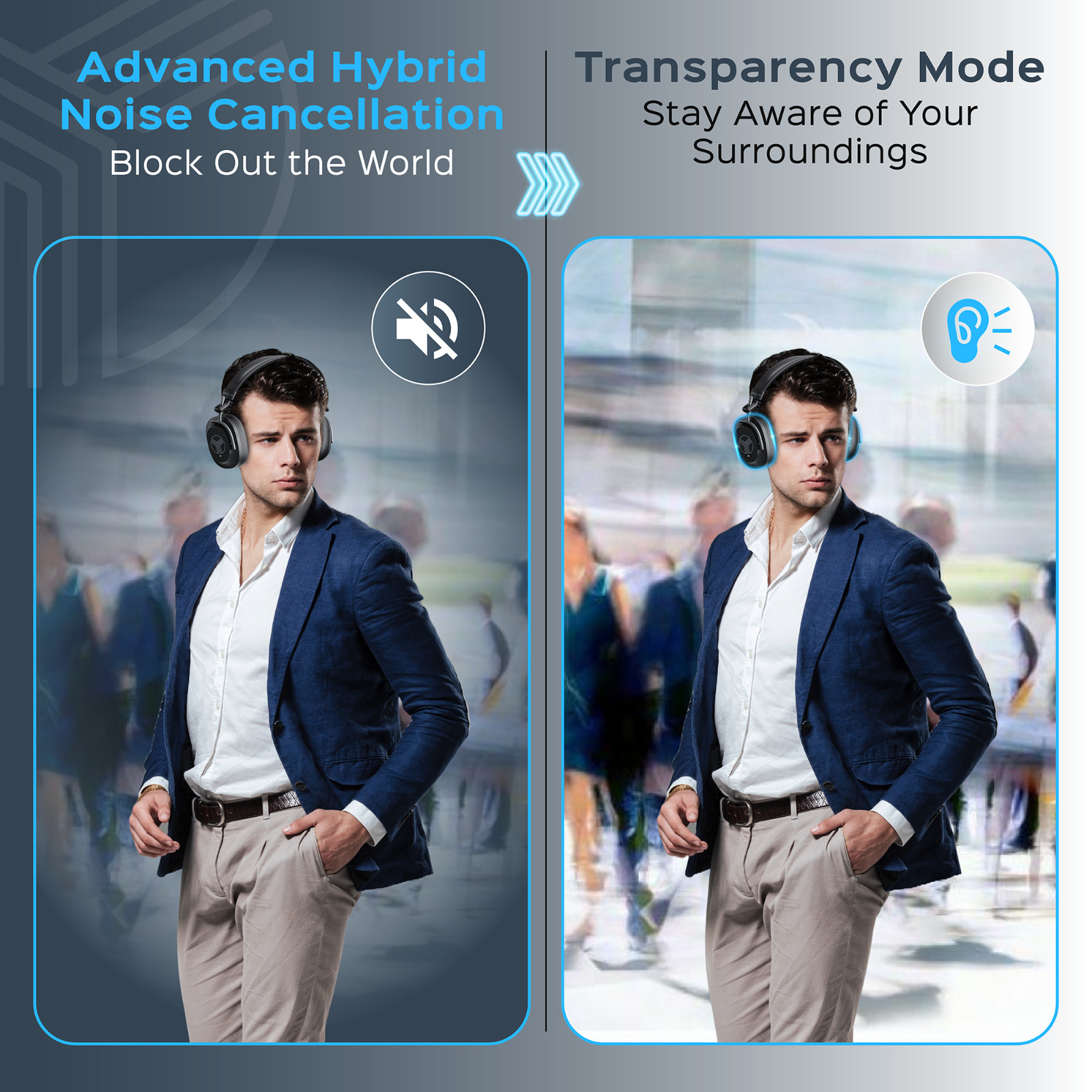TREBLAB U5 - Hybrid Active Noise Cancelling Headphones Over-Ear 55 Playtime
