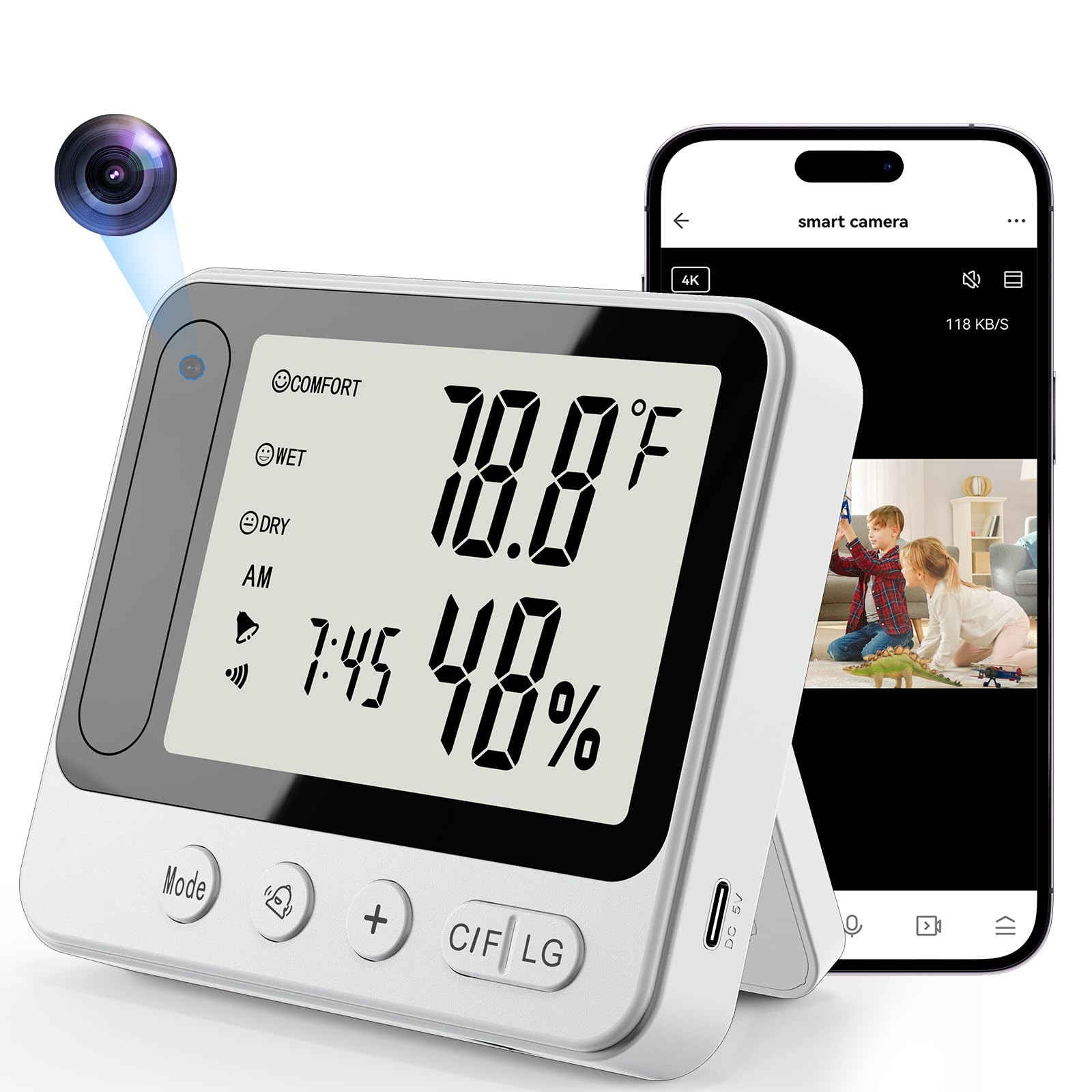 Tccbac Hiden Camera Thermometer Hygrometer, 4K Discreet Nany - White