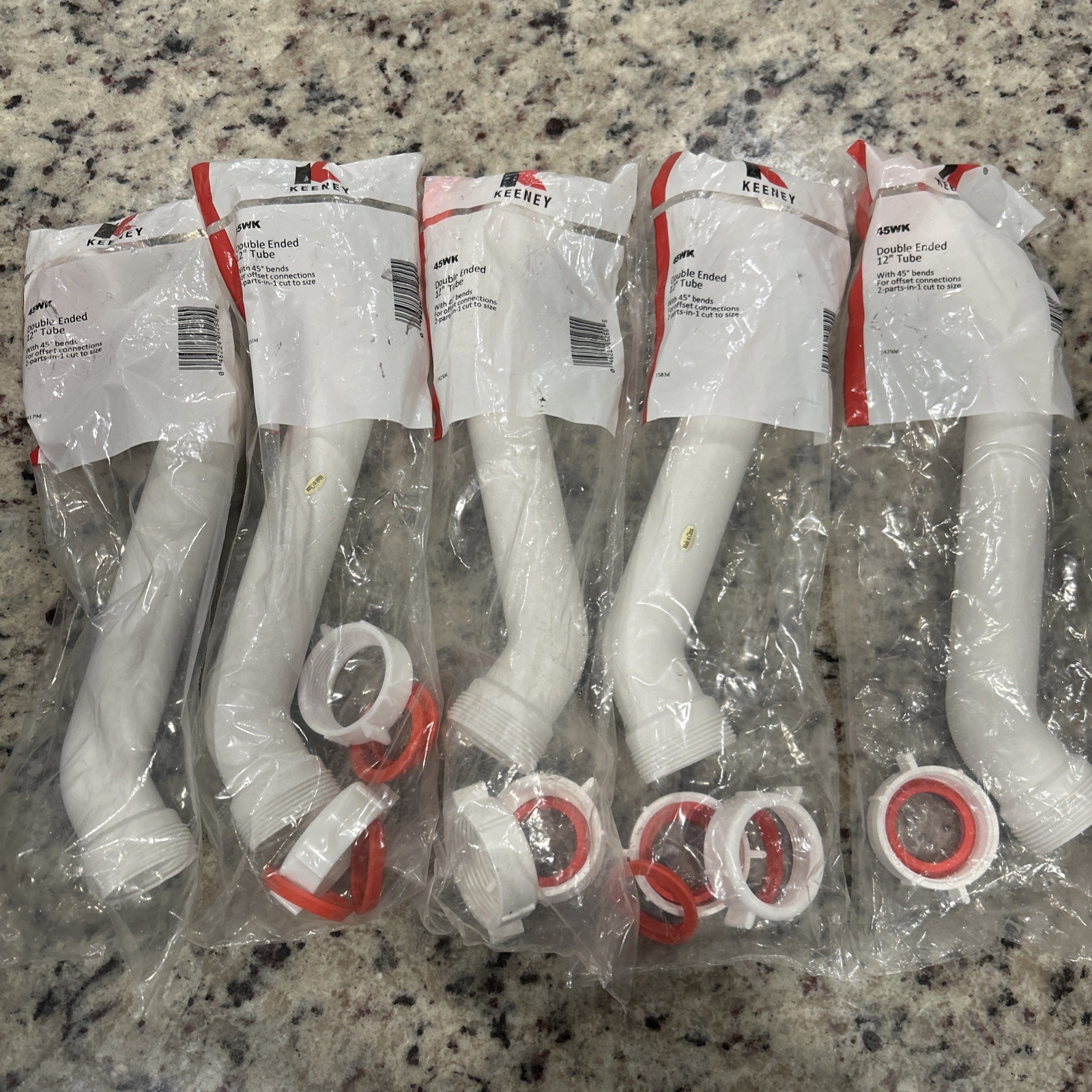 5x 12" Double Ended Off Set Tube, 1 1/2", Keeney, waste line, 45WK, white