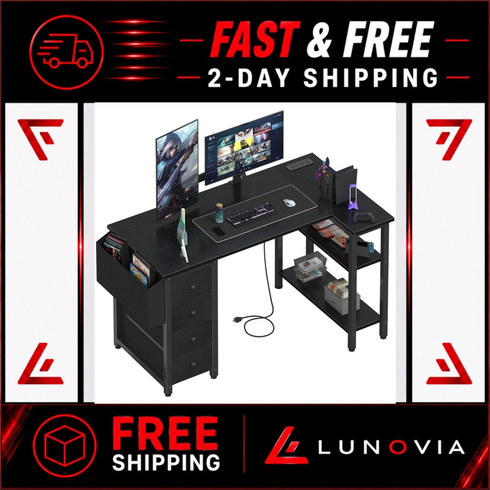 Lufeiya L Shaped Gaming Desk with Power Outlet, Modern Office Desk