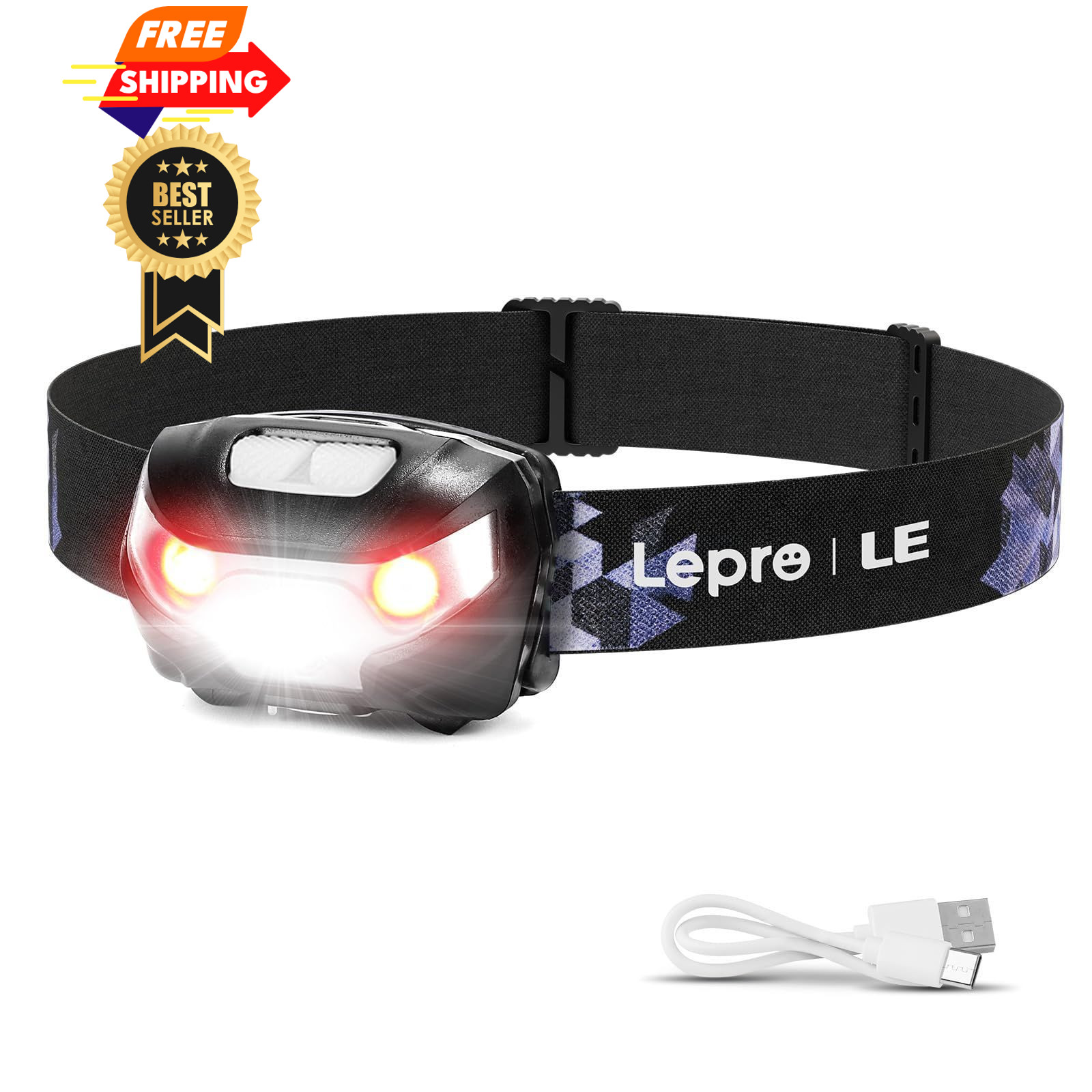 Lepro LED Headlamp Rechargeable - Super Bright Head Lamp with 5 1, Black