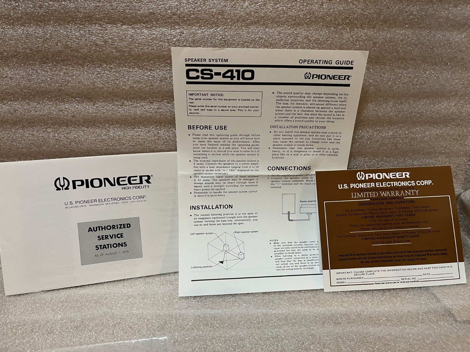 OEM Pioneer CS-410 Operating Guide + service centers & warranty card NOT COPY
