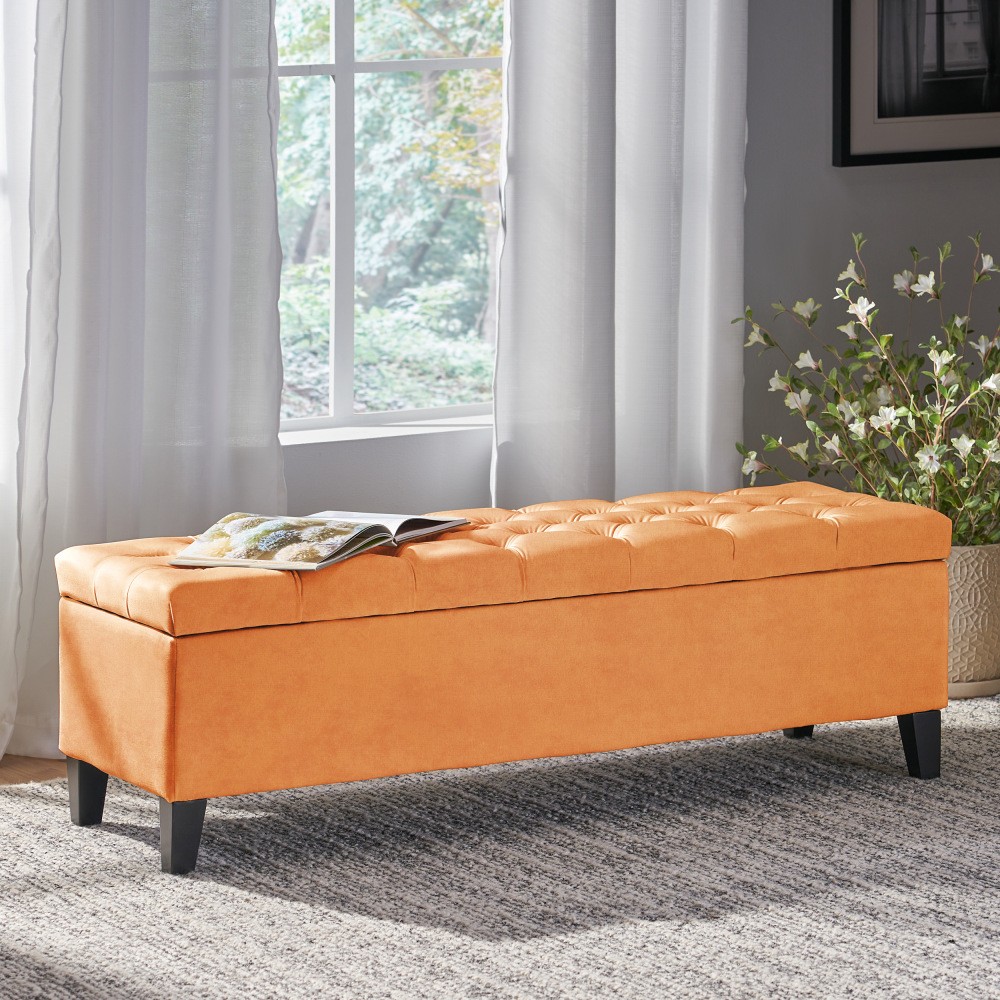 51.75" Orange Velvet Storage Ottoman - Button Tufted Diamond Stitch, Wood Frame
