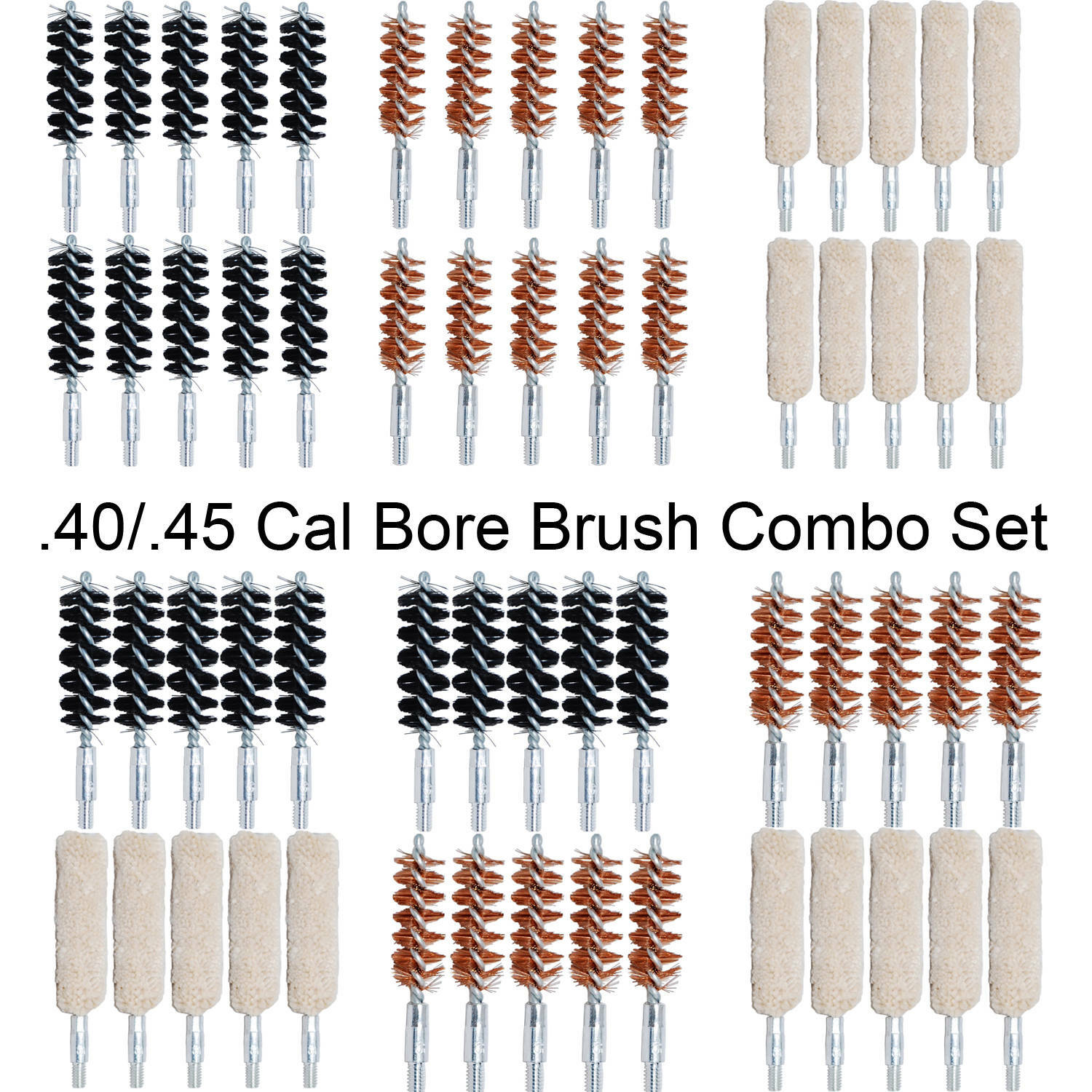 .40/.45 Cal Cleaning Bore Brush Combo Set, Nylon Brass Cotton Mop 8-32 TPI