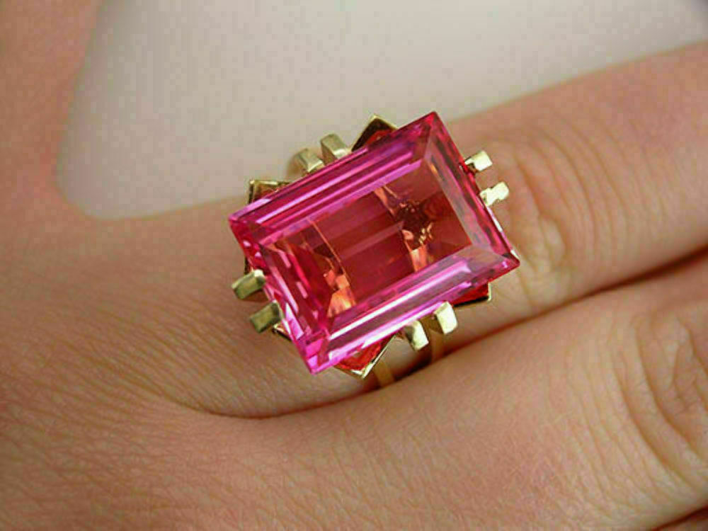 5CT Emerald Cut Lab Created Pink Sapphire 14K Yellow Gold Plated Engagement Ring