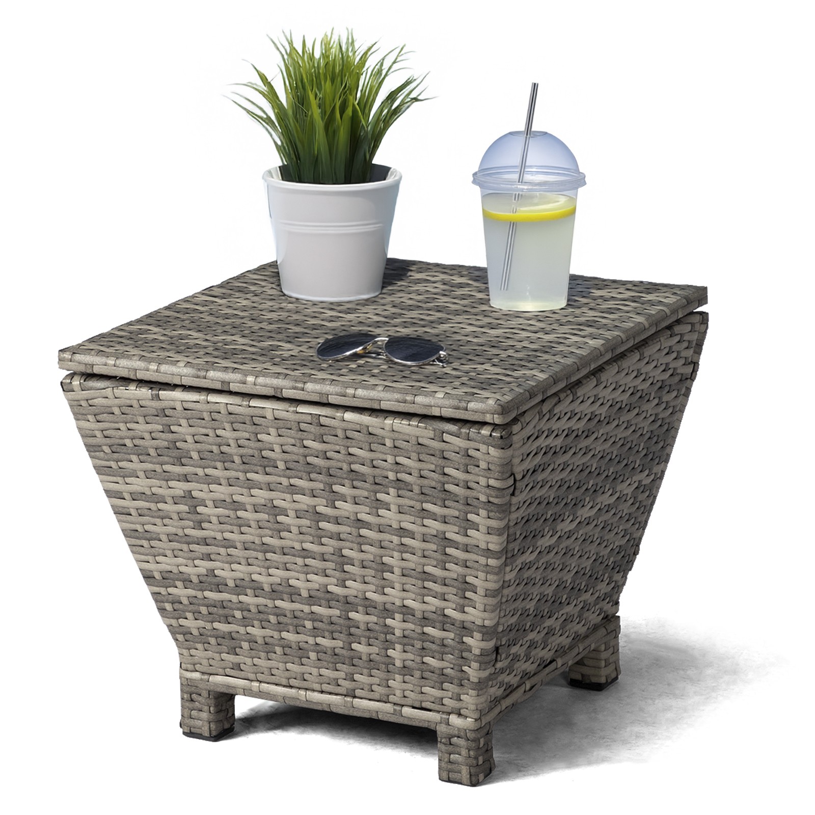 13GAL In/Outdoor 2in1 PE Wicker Side End Table with Storage trapezium Container