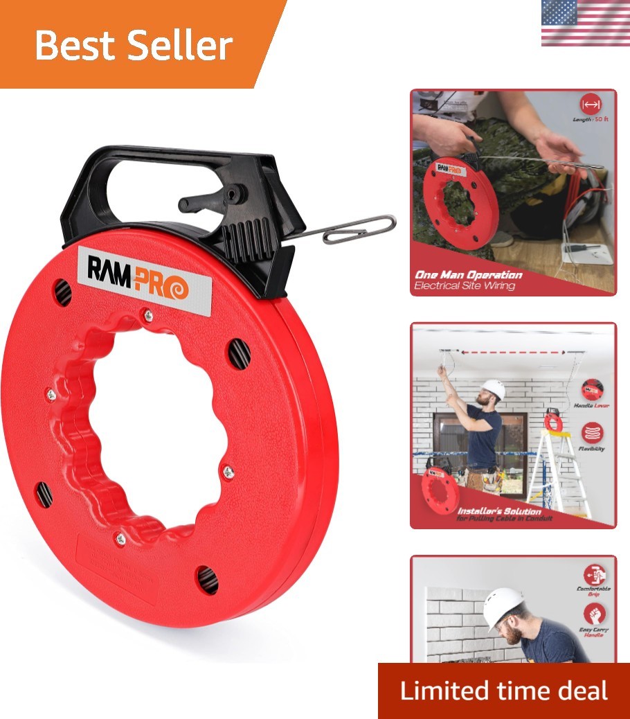 50ft Fish Tape Wire Puller - Durable Steel Tool with Grip and Lock for Easy Use
