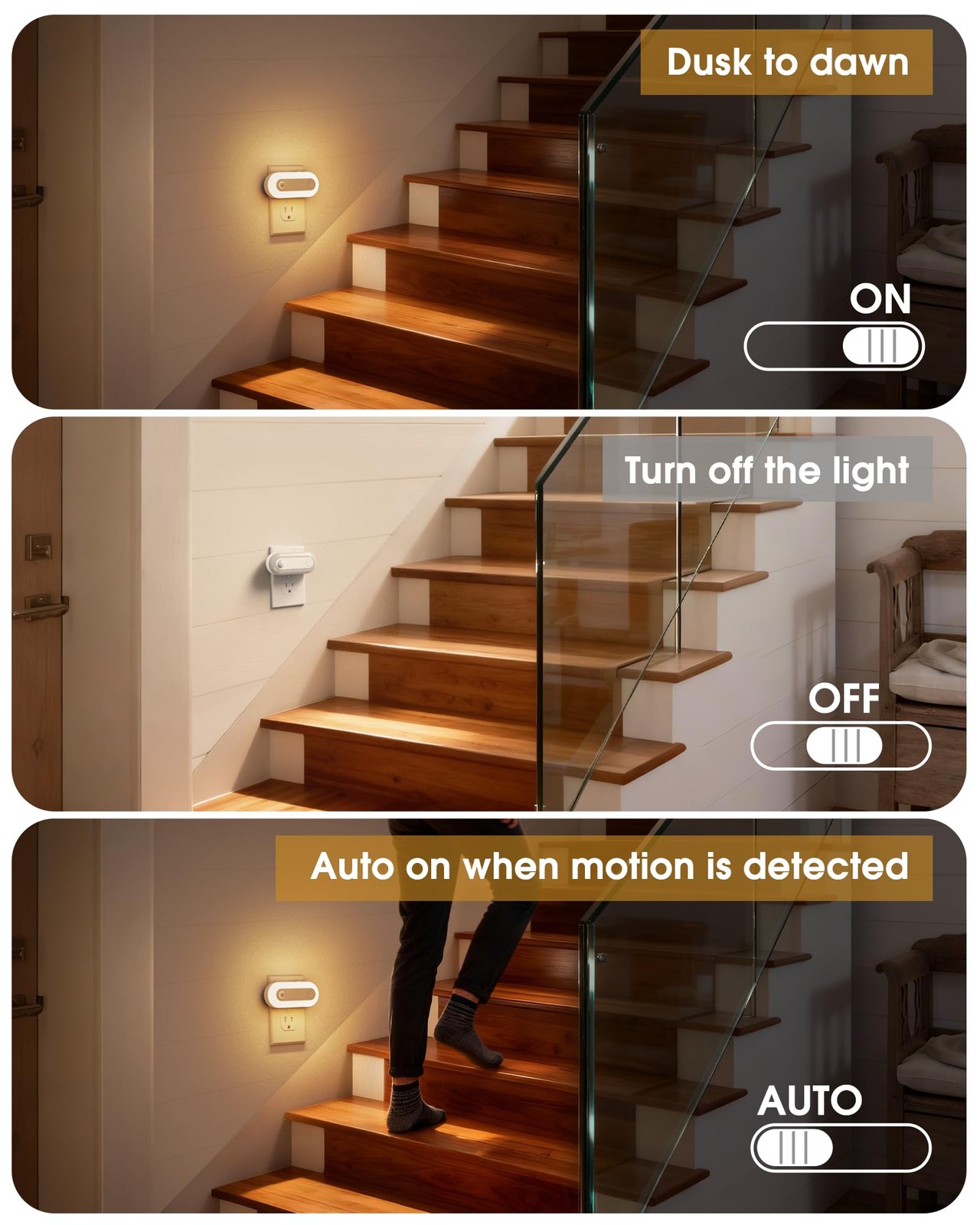 Plug-in LED Night Light with Motion Sensor & Dusk to Dawn Sensor, Dimmable Wa...