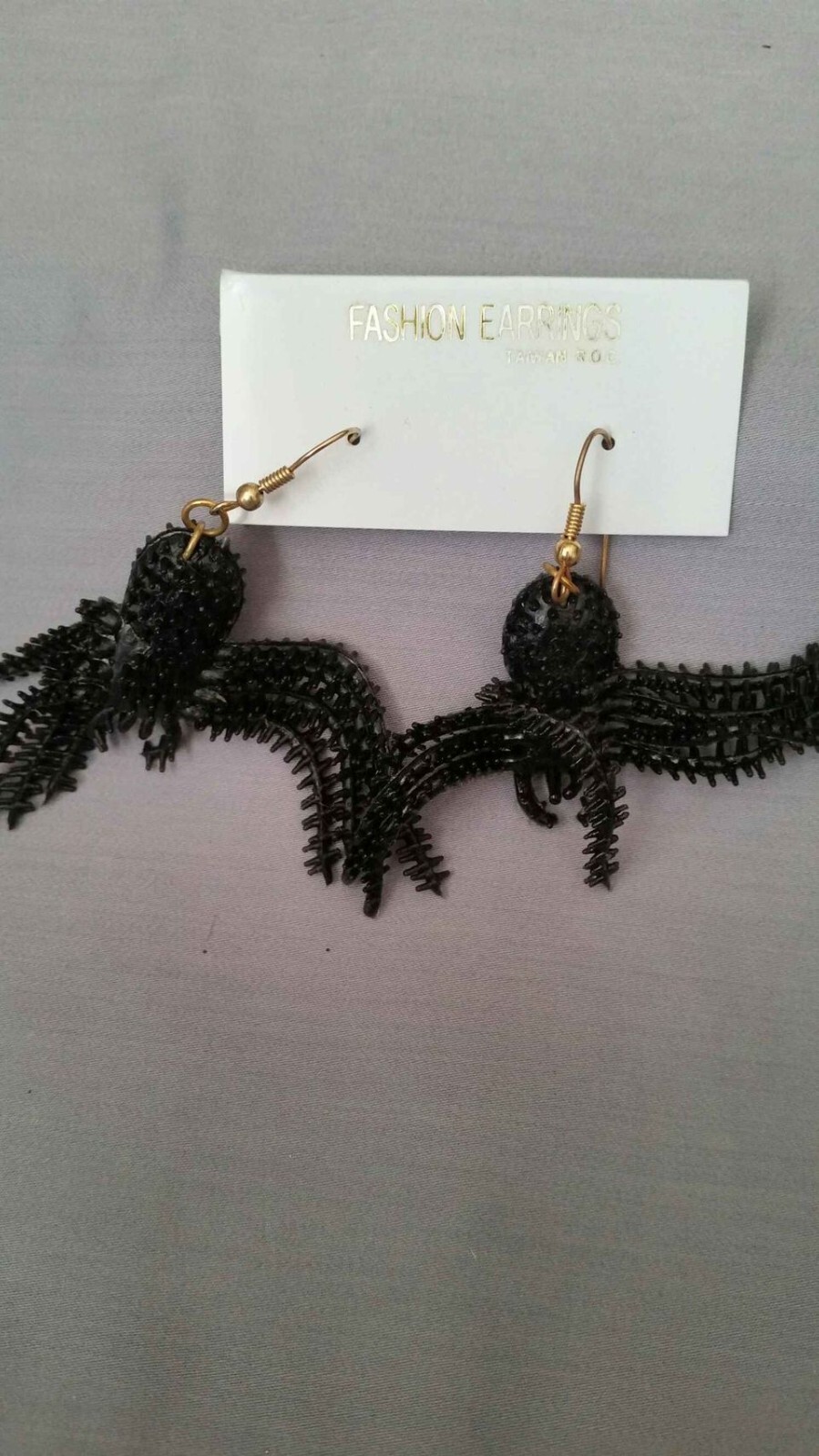 NEW Vintage Black Spider Rubber Earrings Pierced Textured Hook Dangle HK 3"