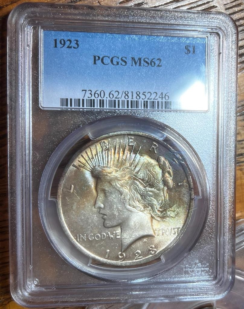 1923 PEACE 1$ PCGS MS62 COLORFUL 2-SIDED RAINBOW TONER mikesartifacts