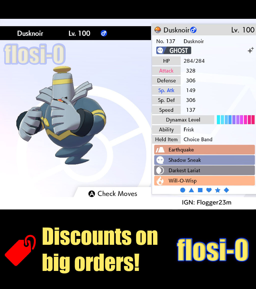 6IV Ultra Shiny Dusknoir Pokemon Sword and Shield (Square Shiny)