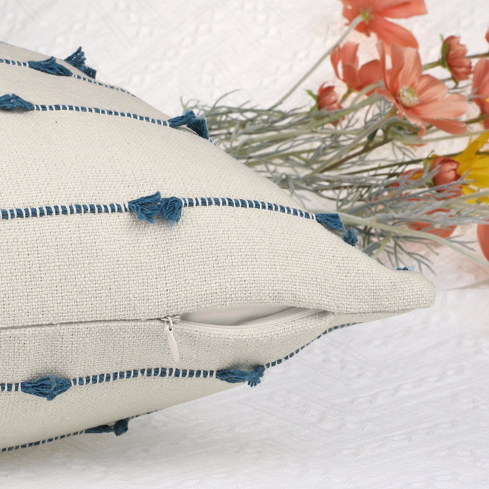 2 Pack Striped Boho Decorative Cushion Pillow Covers Modern Square Neutral Blue