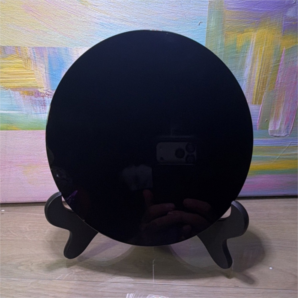 Black Obsidian Scrying Mirror wiDisplay Stand,Approx. 20 In Diameter 1 in thick