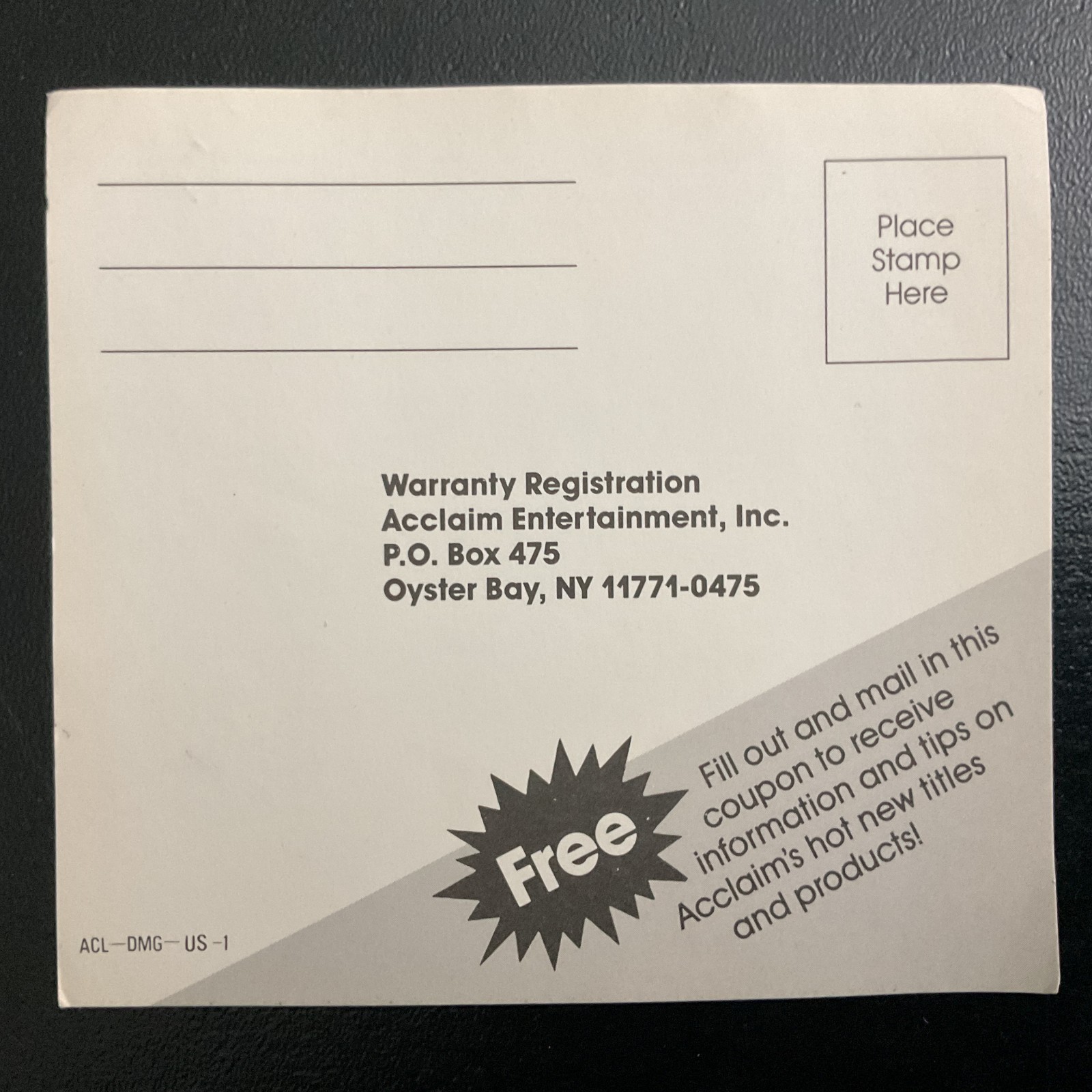 Acclaim ACL-DMG-US-1 Nintendo GameBoy Warranty Reg Card Insert Only