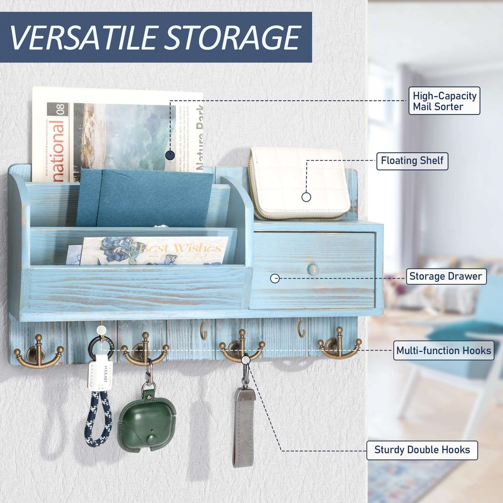 Rebee Vision Key Holder Wall Mount For Room Decor, Distressed Blue
