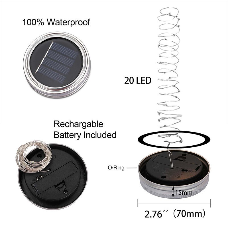 6 Pack Solar Mason Jar Lid Insert 20 LED Mason Jar String Lights for Glass Mason