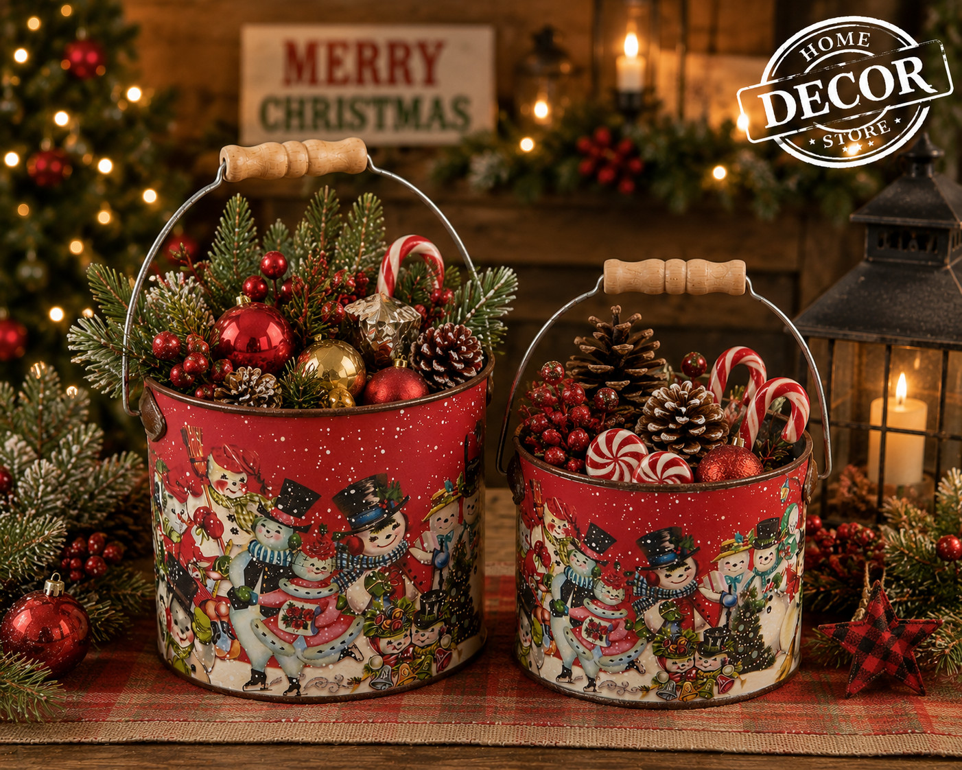 Primitives by Kathy Retro Snowman Bucket Set 2 Holiday Christmas Vintage Look