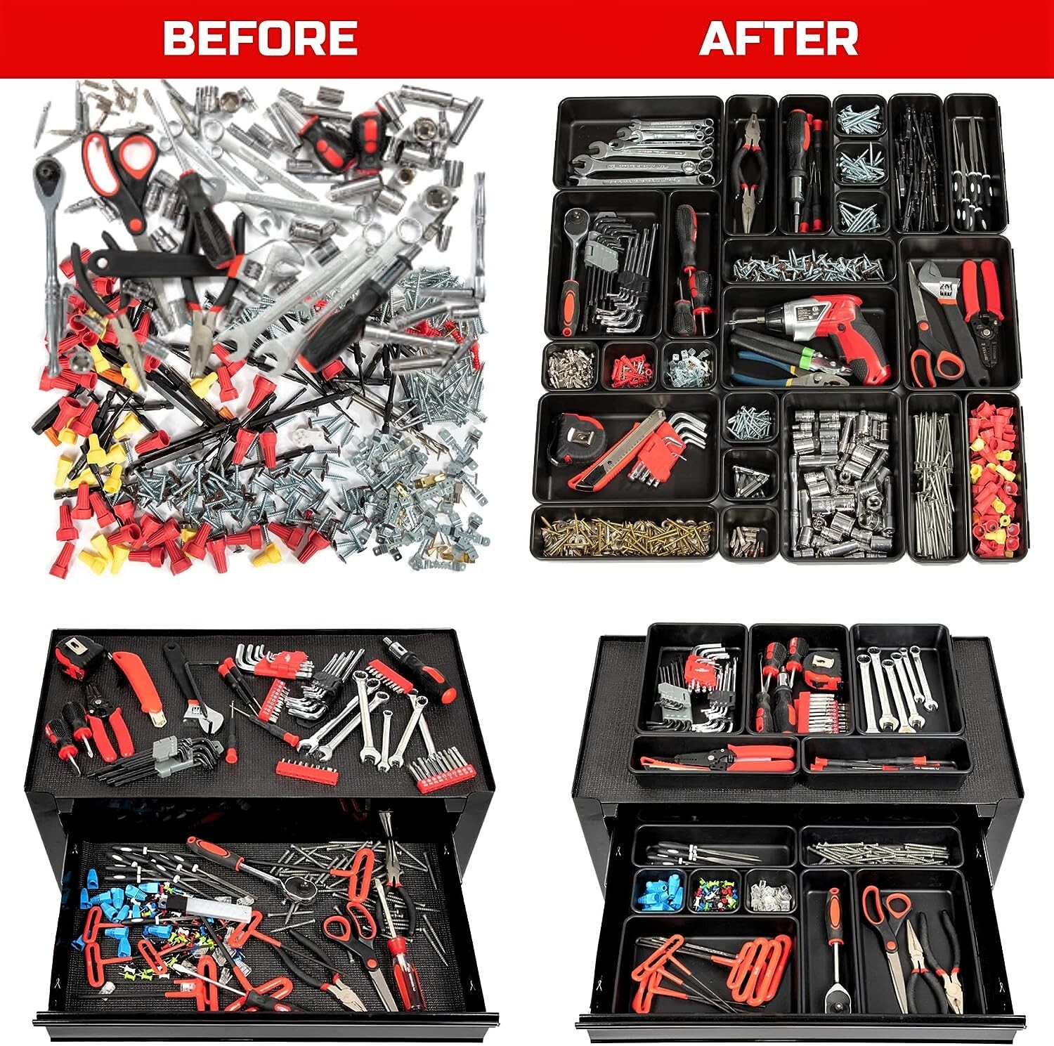 Tool Box Organizer Tray Dividers Set, Toolbox Organizer and Storage Garage 45pcs