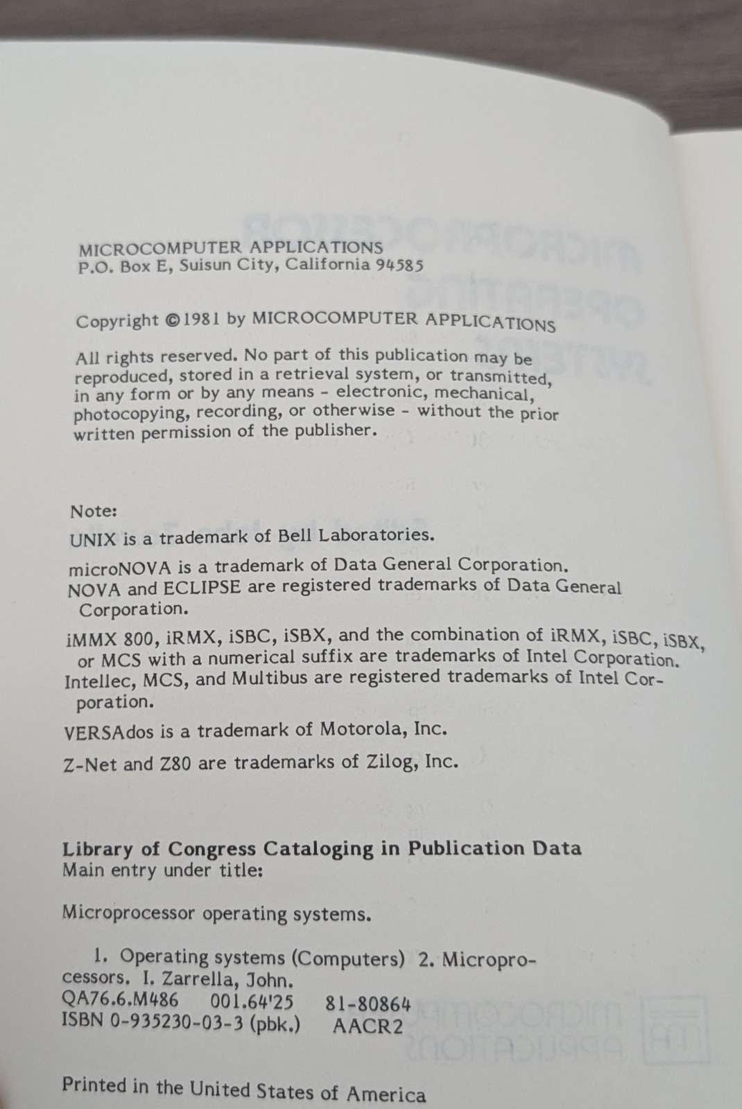 Microprocessor Operating Systems by John Zarrella 1981 paperback 0-935230-03-3