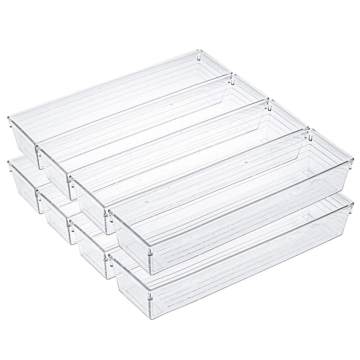 Kingrol 10 Pack 12 x 3 x 2 Inch Clear Drawer Organizer Trays, Desk Drawer Div...