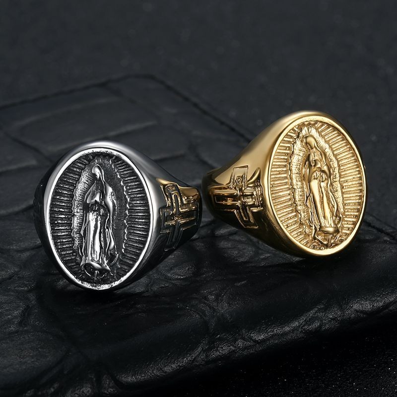 Vintage Cross Virgin Mary Oval Ring Stainless Steel Men's Jewelry Amulet Ring