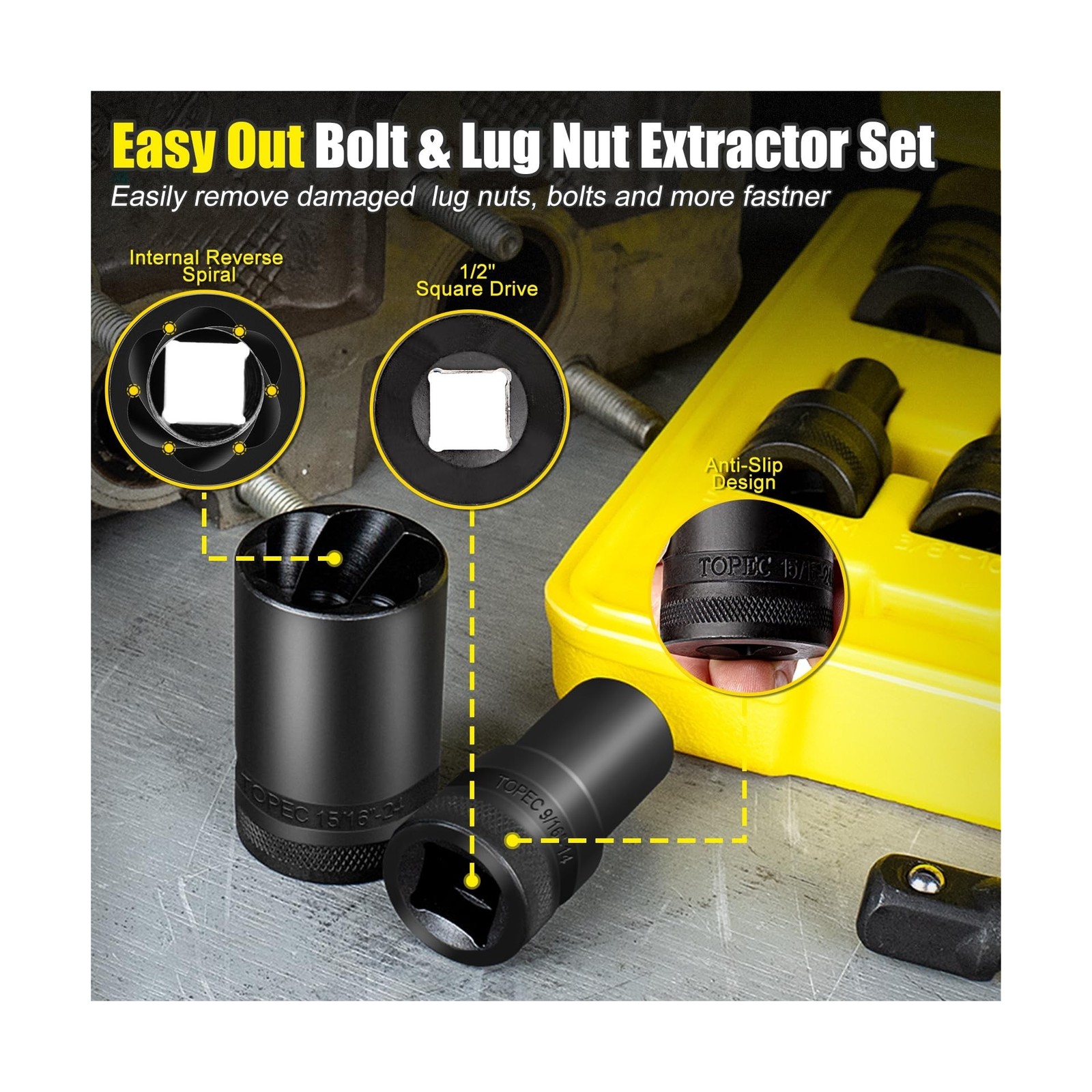 Topec 17Pcs Lug Nut Extractor Set, 1/2" Drive Locking Lug Nut Removal Tool, 8...