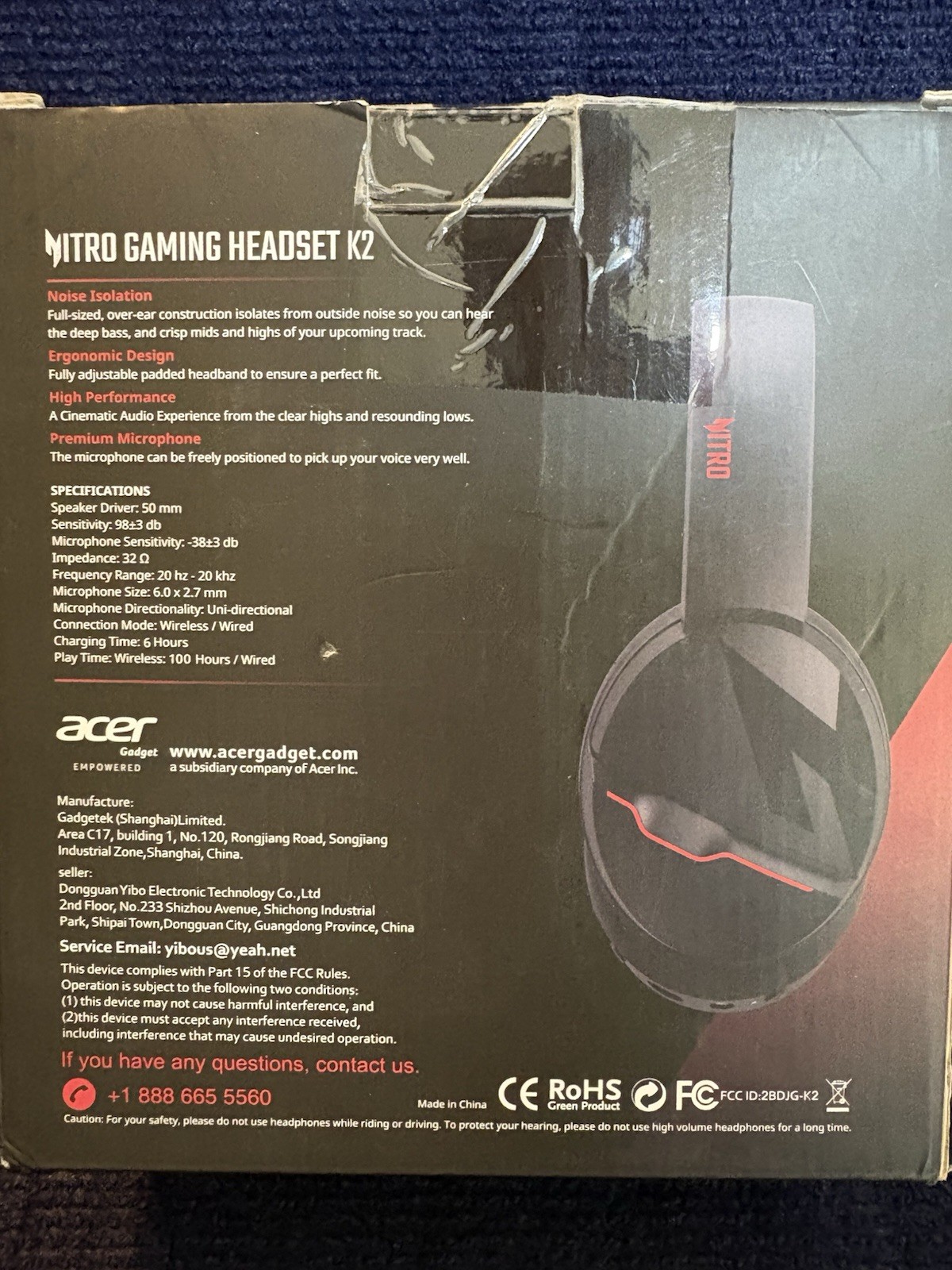 Acer Nitro Gaming Headset K2 Wireless Over-Ear Black/Red Bluetooth USB Dongle