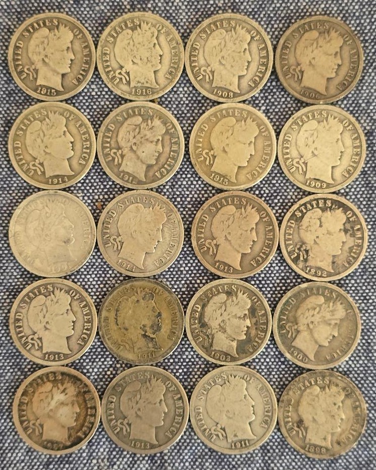 Barber Silver Dimes 10C Lot of 20 (0.9 Fine) mostly VG Mixed Dates - Lot 218